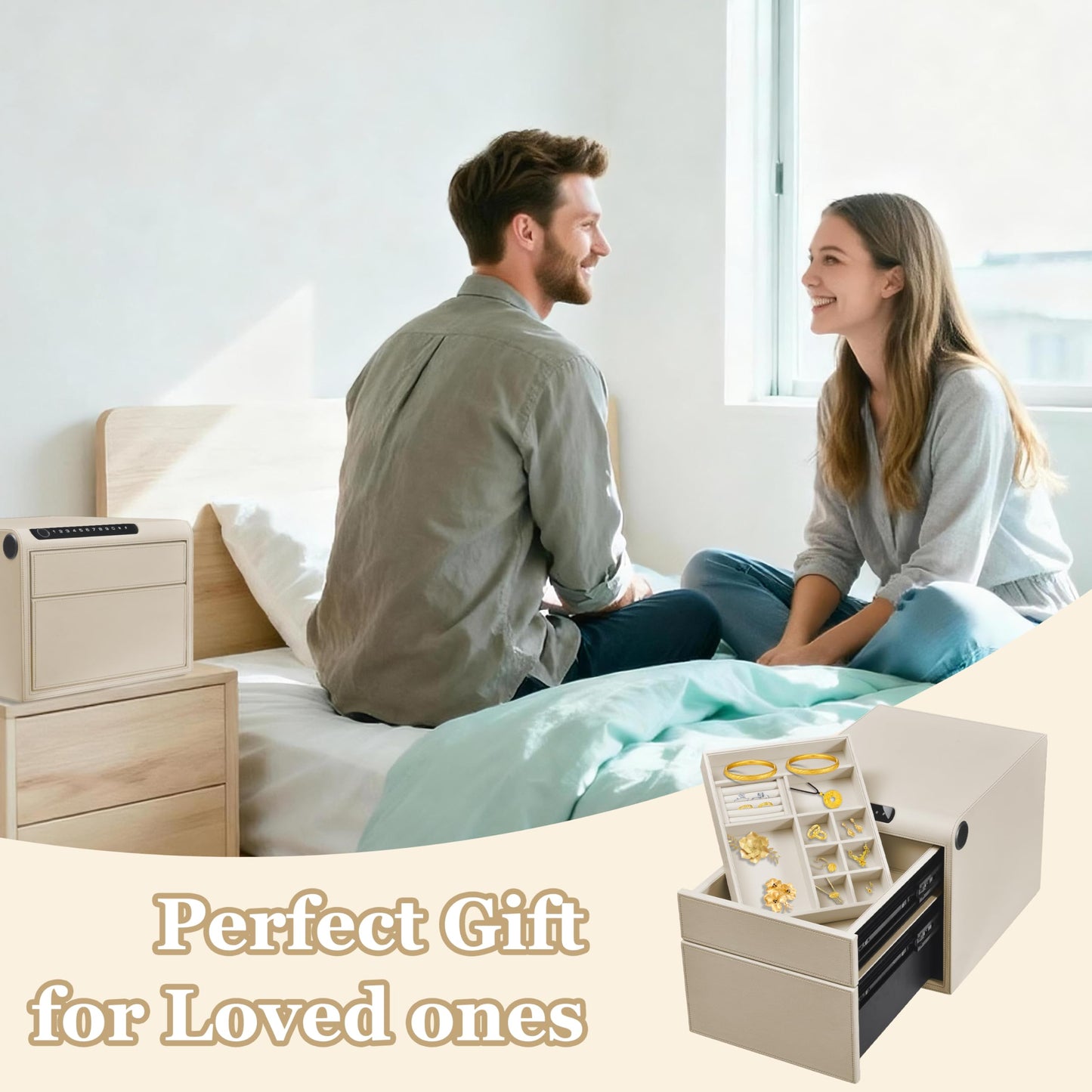 VALINIRT Jewelry Safe with Drawers，Biometric Fingerprint safe, Slide-Away Handgun Safe for Pistols, Leather Wrapped Jewelry Storage Safe, Digital Keypad & Quick-Access Drawer(White- 2 Drawer)