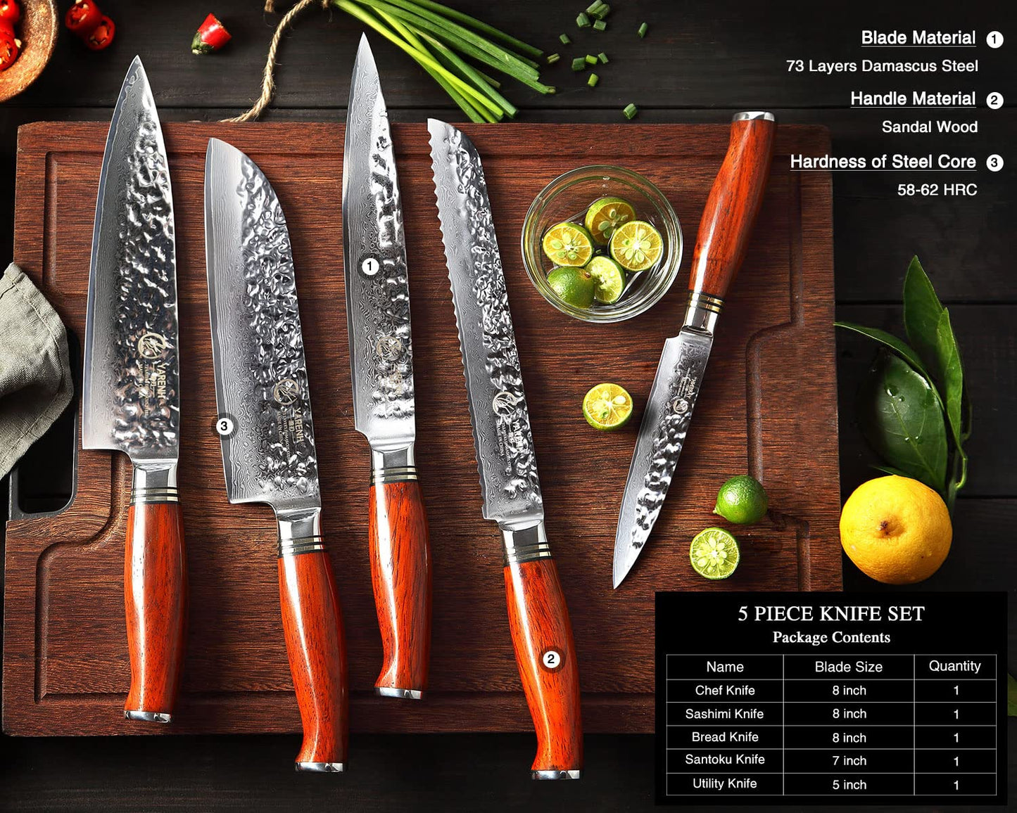YARENH Chef Knife Set without Block, 5 Piece Professional Sharp Kitchen Knives,Damascus Stainless Steel, 73 Layers, Full Tang, Dalbergia Wood Handle, HTT Series