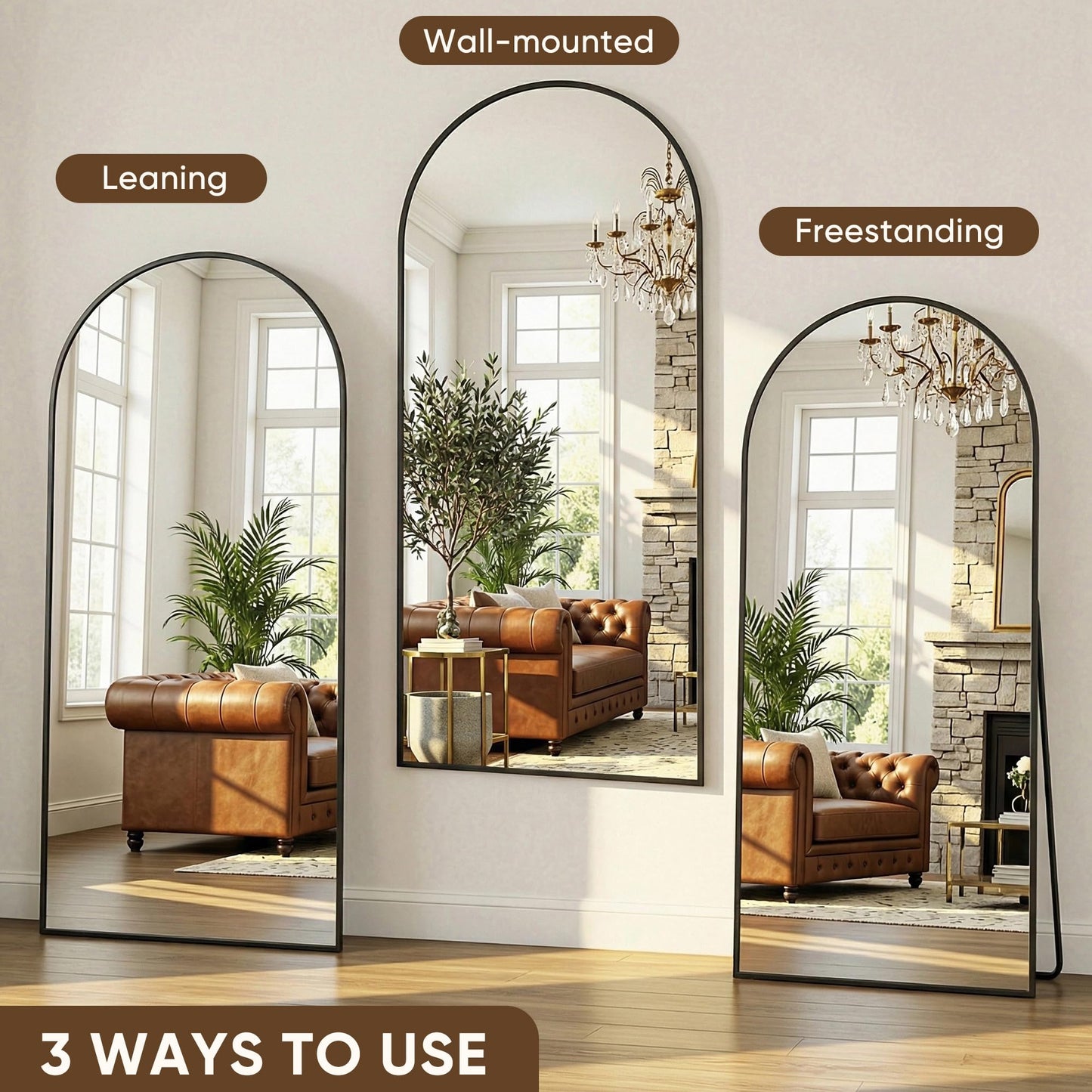 Antok Full Length Mirror, 90"x46" Floor Mirror with Stand, Hanging Mounted Mirrors for Bedroom, Living Room, Cloakroom, Dining Room, Black, Arched