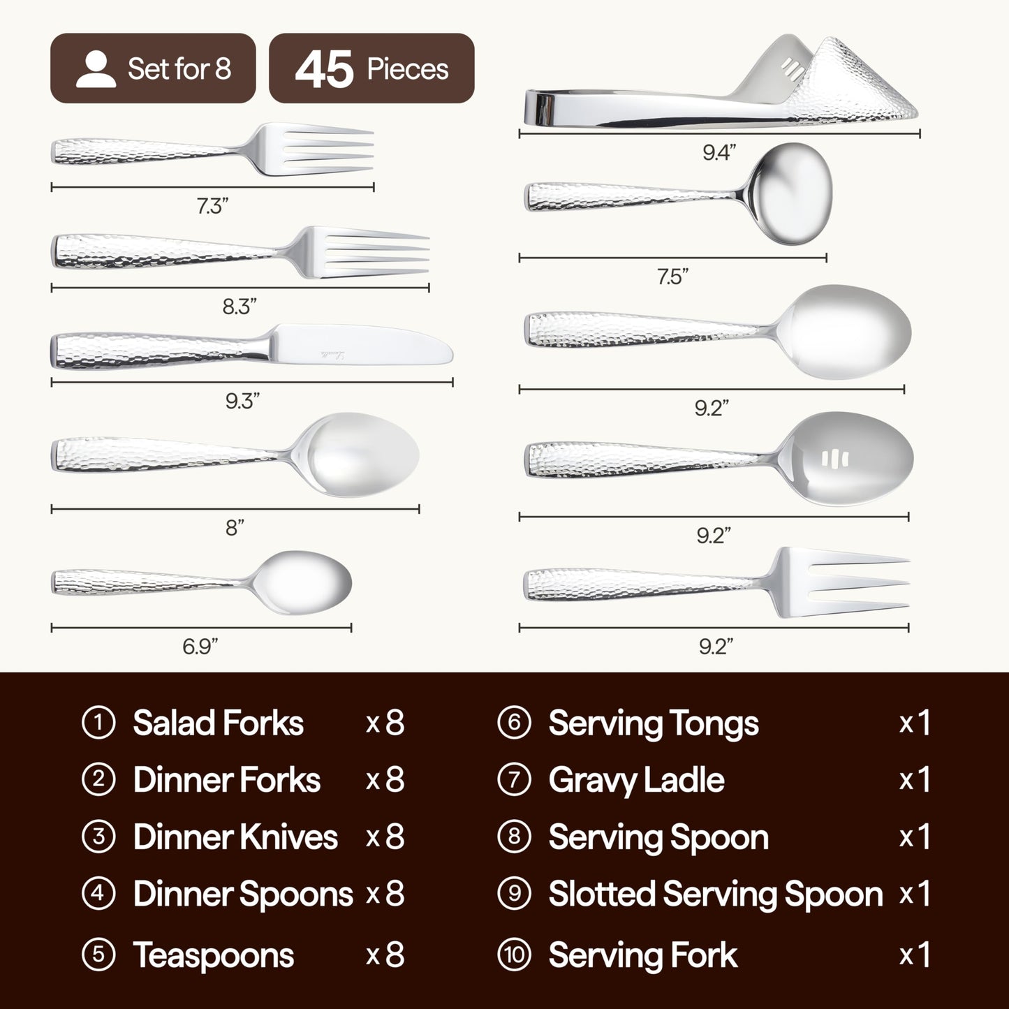 Luciella Ponza Flatware Set for 8, 45-Piece Stainless Steel Silverware Set with Serving Utensils, Timeless Hammered Design, Rust-Resistant, Mirror Polished & Dishwasher Safe, Mothers Day Gifts