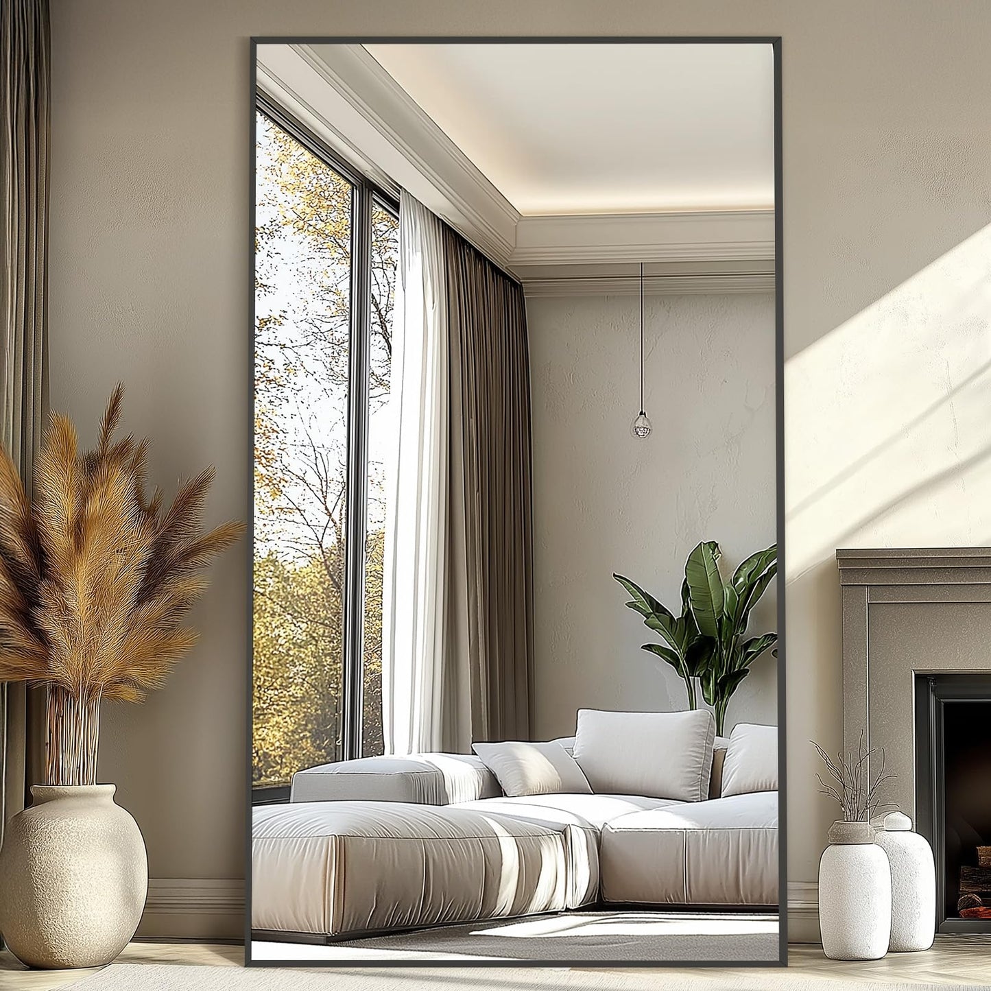 Mirrorons 76"x44" Oversized Black Full Length Mirror, Floor Standing or Wall Mounted with Hanging Kit, Shatterproof Tempered Glass Mirror for Living Room, Bedroom, Dressing Room, Gym