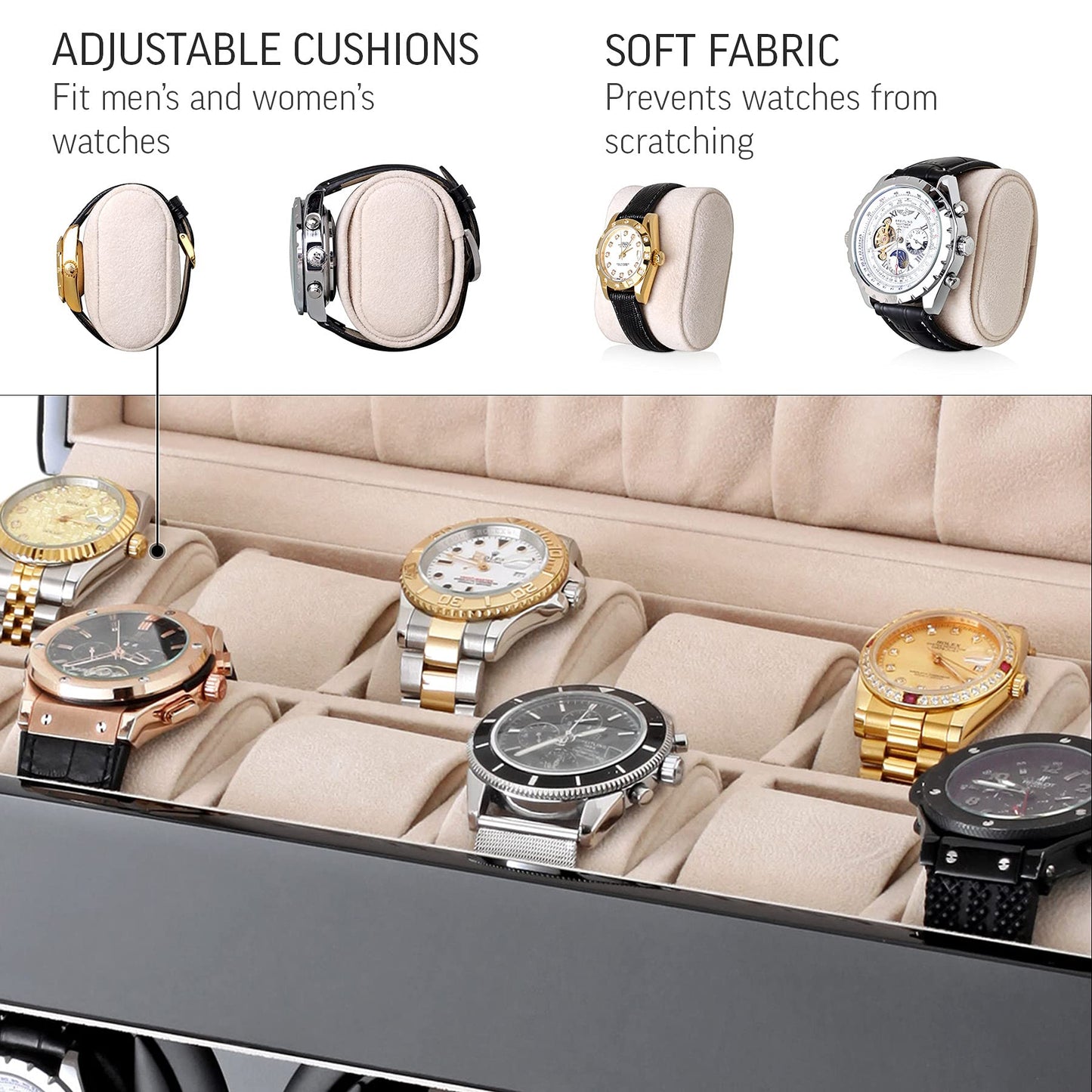 Watch Winder and Storage box for winding 3 Automatic Watches and 12 Watch Storage Space (Black + Beige)