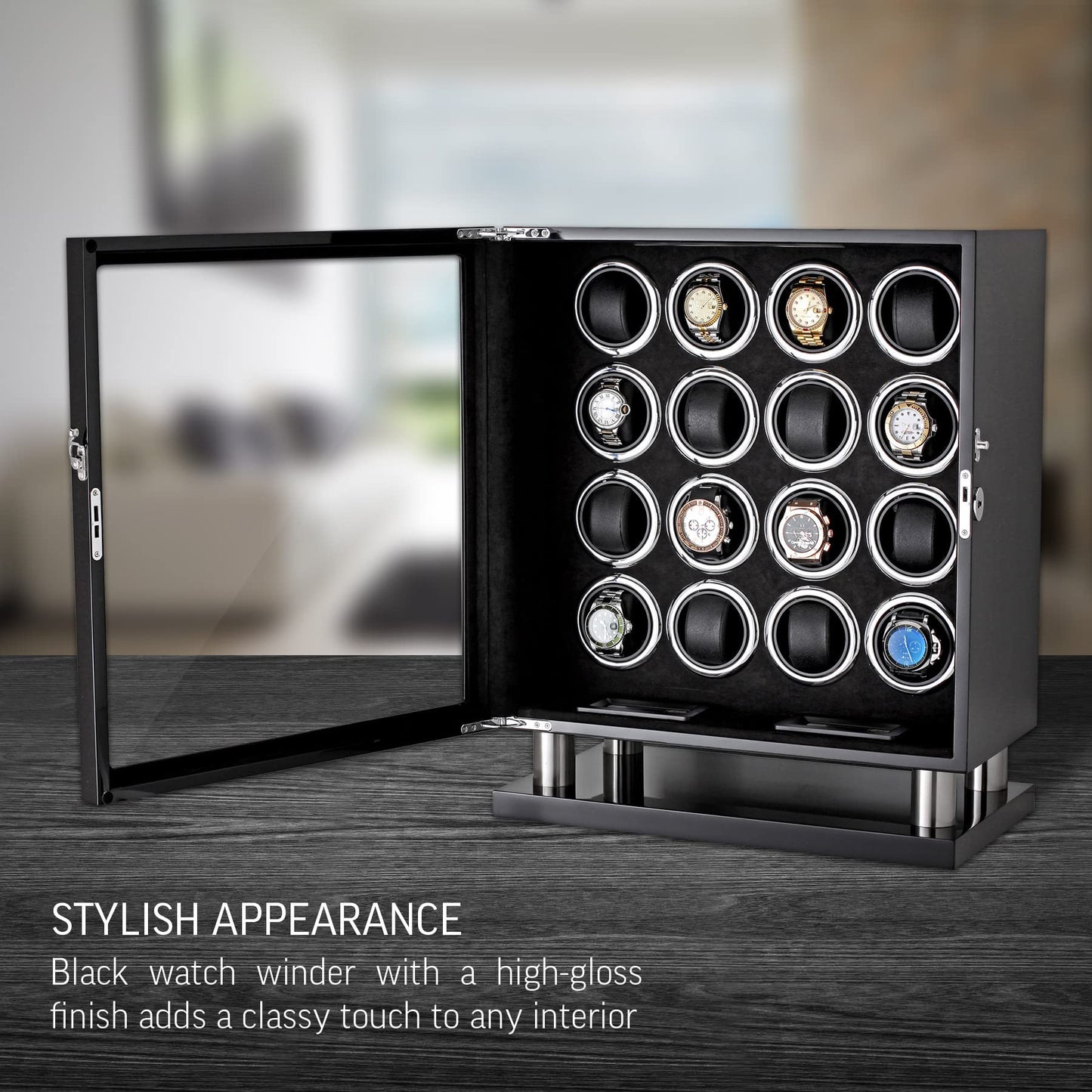 Watch Winder for 16 Automatic Watches with LED Light and LCD Touchscreen Control (Black + Black)
