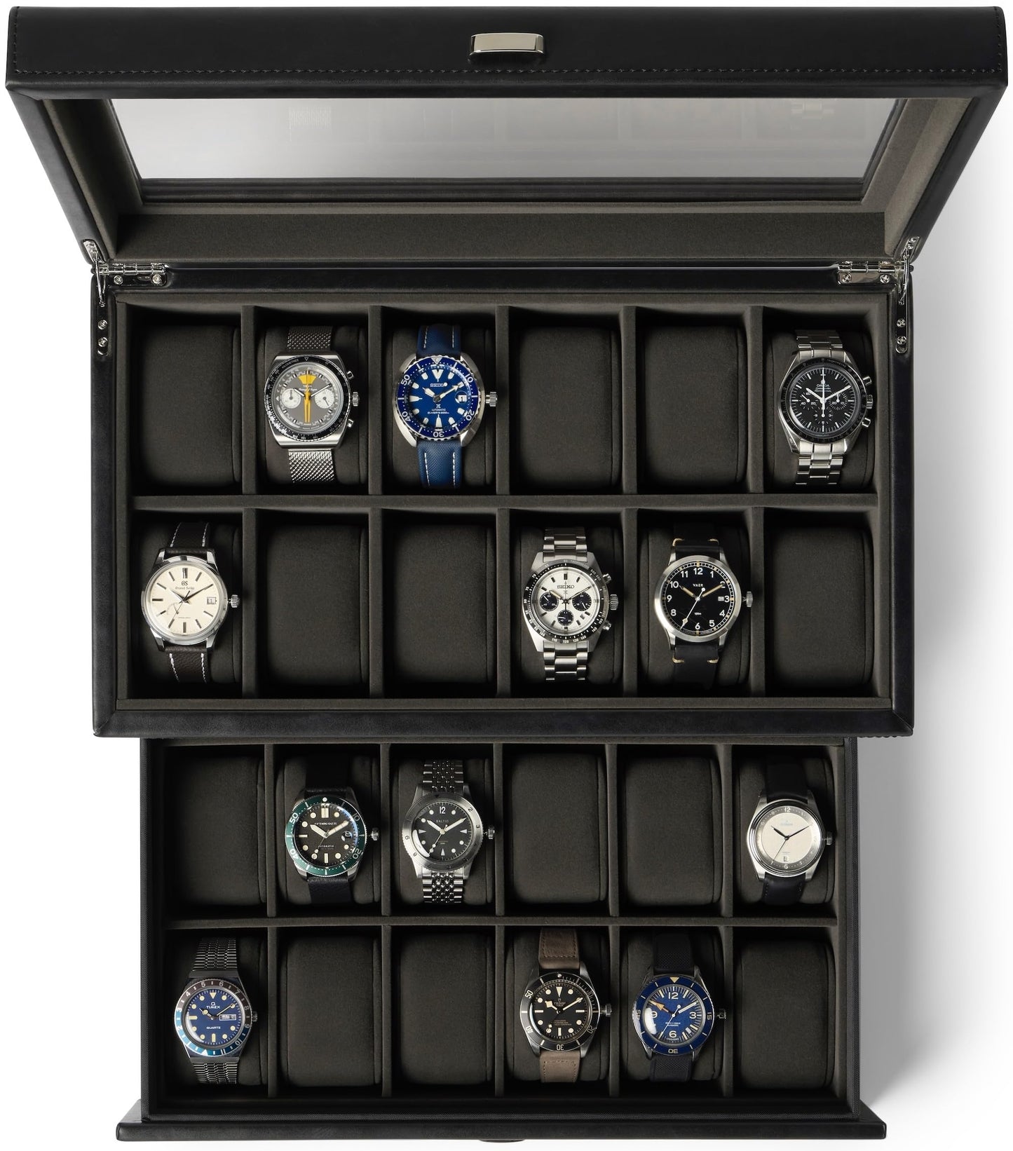 TAWBURY Watch Box for Men - Extra Large 24 Slot Watch Case with Real Glass Display, Removable Drawer and 2-inch Wide Pillows for Large Watches (Black/Charcoal)