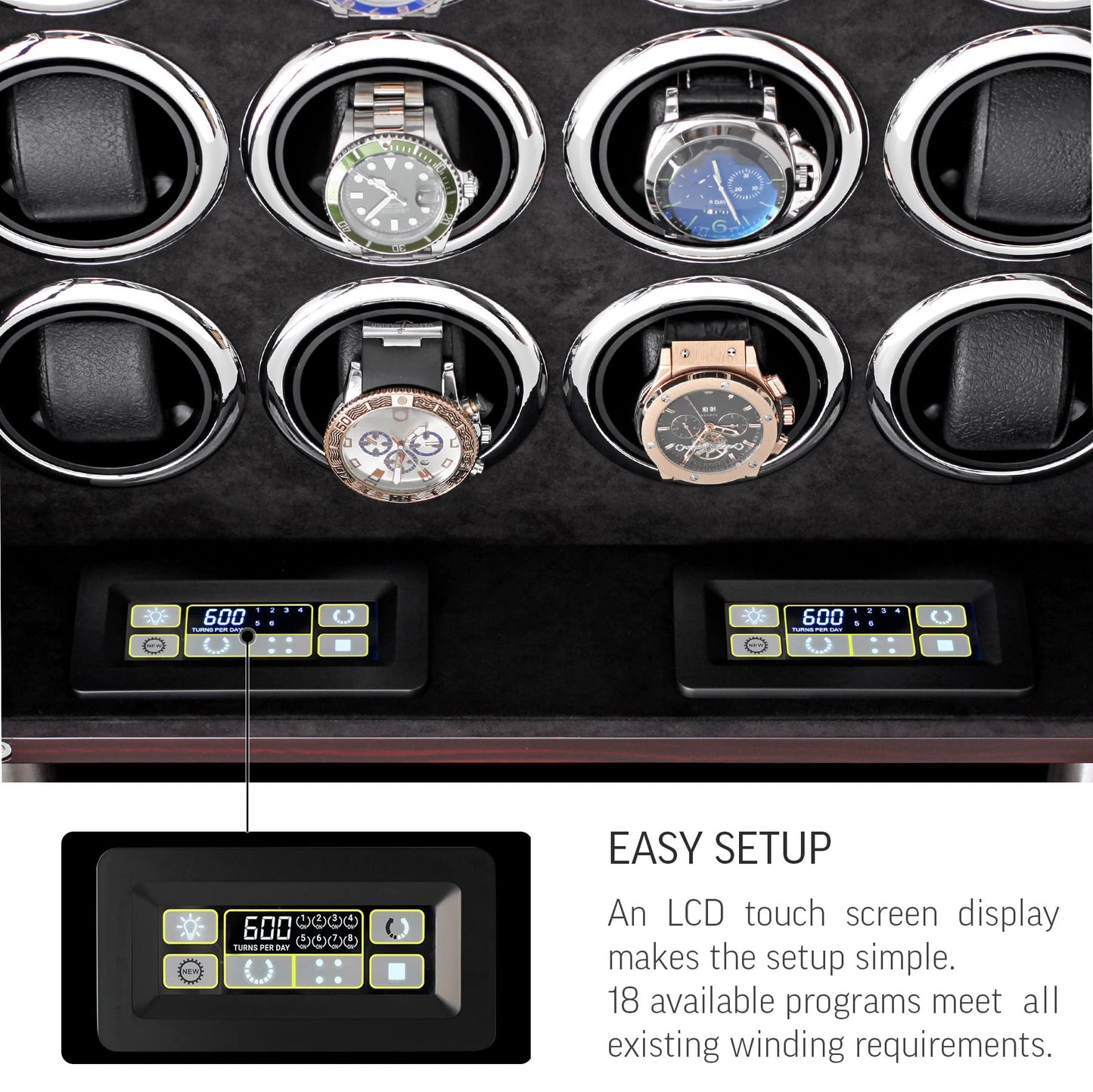 16 Watch Winder for Automatic Watches with LED Light and Coordinated Rotor Stop (Ebony)