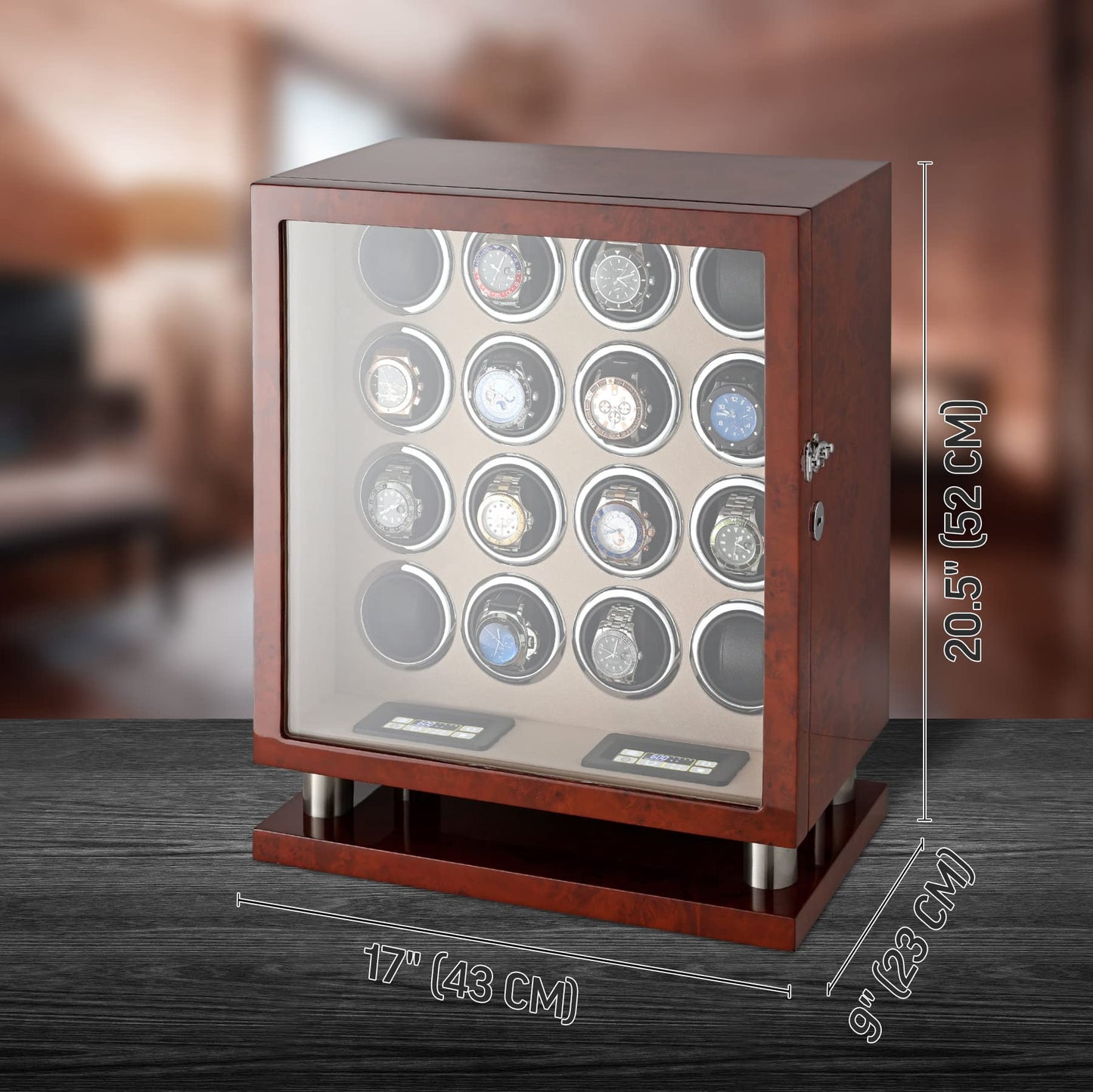 Watch Winder for 16 Automatic Watches with LED Backlight and LCD Touchscreen Control (Dark Burl + Beige)