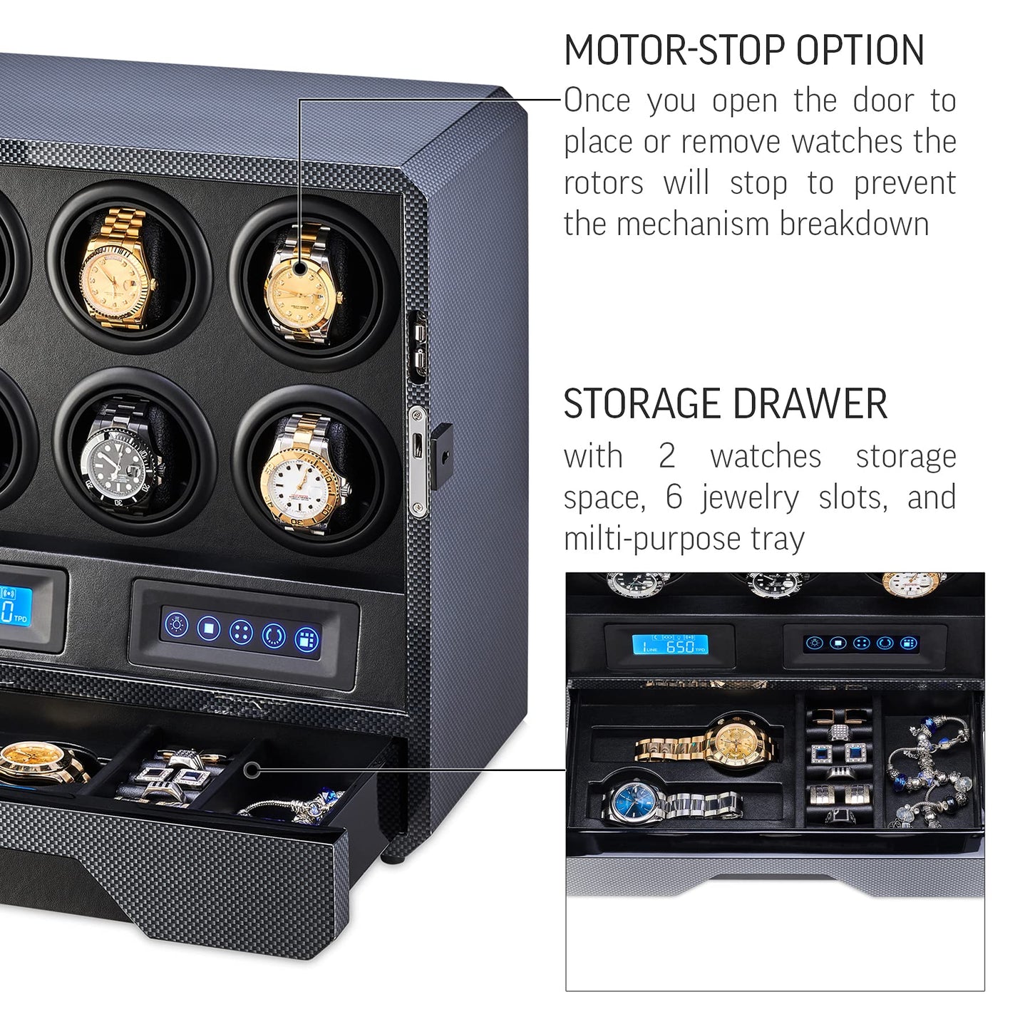 6 Watch Winder with LED Light, LCD Display and Storage Drawer (Carbon)