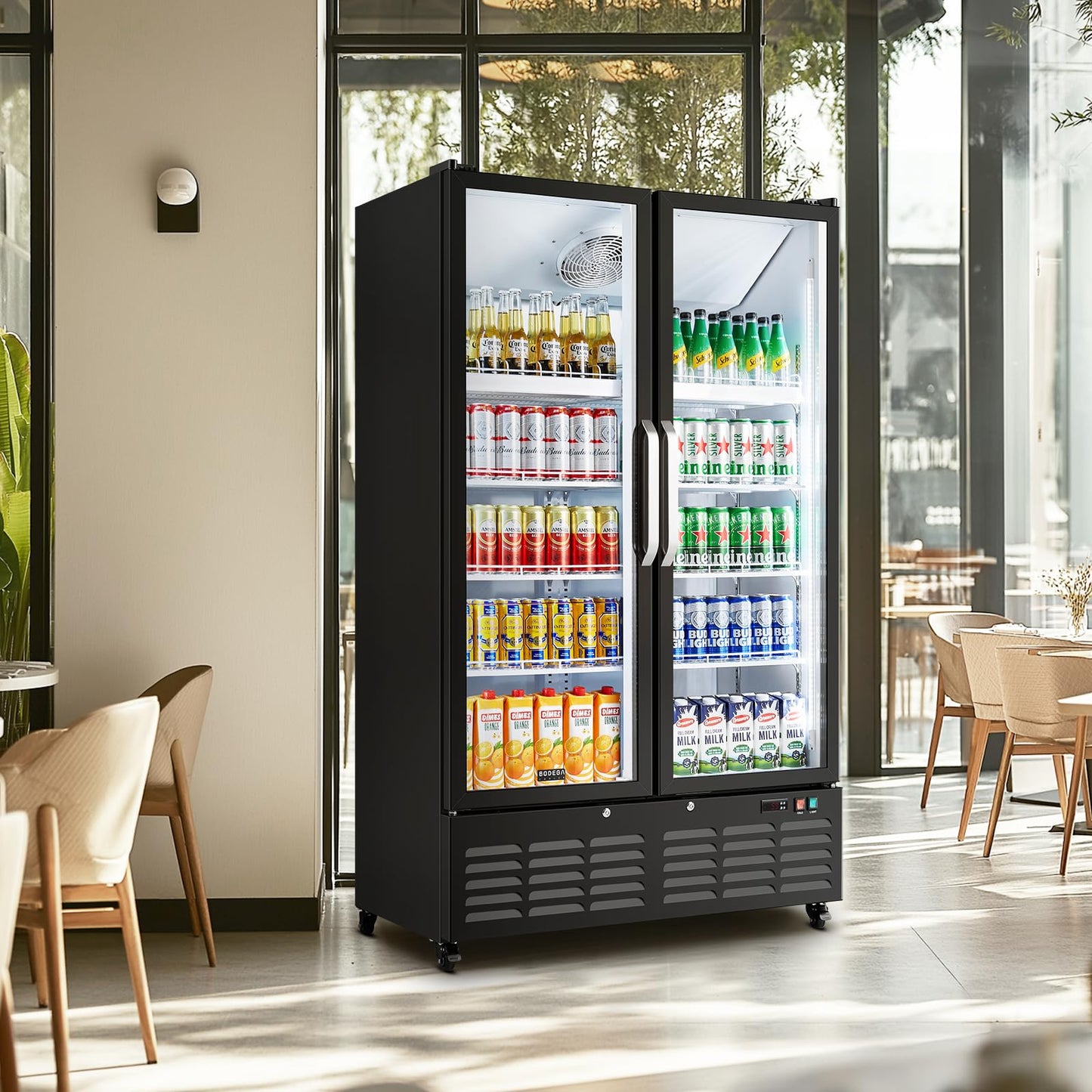 BODEGACOOLER Commercial Merchandiser Refrigerator, 27.02 Cu.Ft Double Glass Door Beverage Cooler, Upright Display Refrigerator with Soft LED Light, Adjustable Shelves, 4 Heavy-Duty Casters, Black