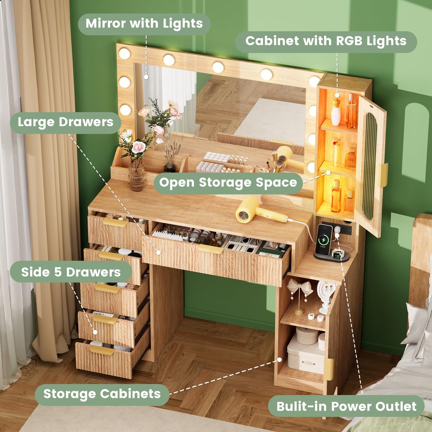 Fkhouse Fluted Makeup Vanity Desk with Large 31.4" Mirror and Sound Sync RGB Lights, Wood Vanity with 6 Drawers, 2 Cabinet & 3 Compartments, Charging Station, Bedroom Dressing Table, Natural Oak