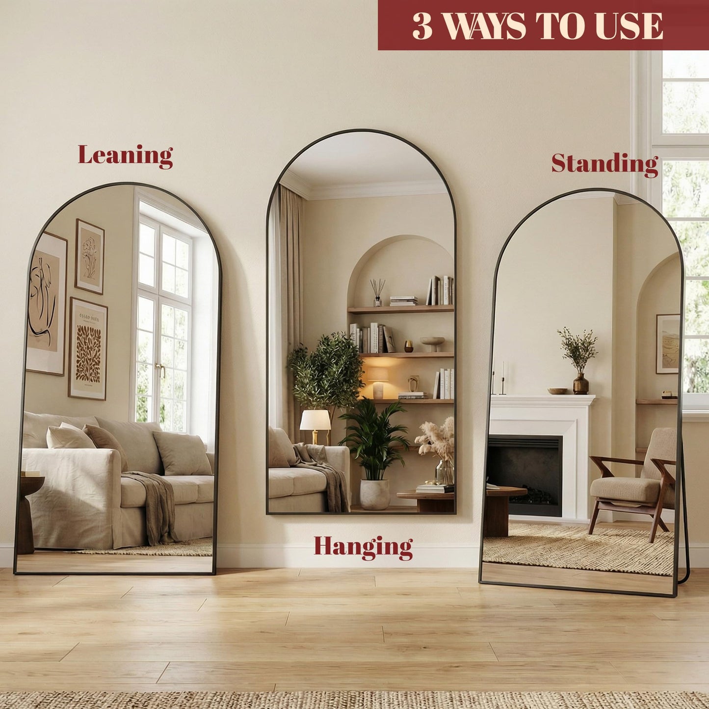 Suidia 86"x46" Arched Full Length Mirror with Stand, Full Body Mirror with Aluminum Frame, Freestanding/Leaning/Wall-Mounted, Floor Mirrors for Bedroom, Living Room, Entryway, Dressing Room, Black