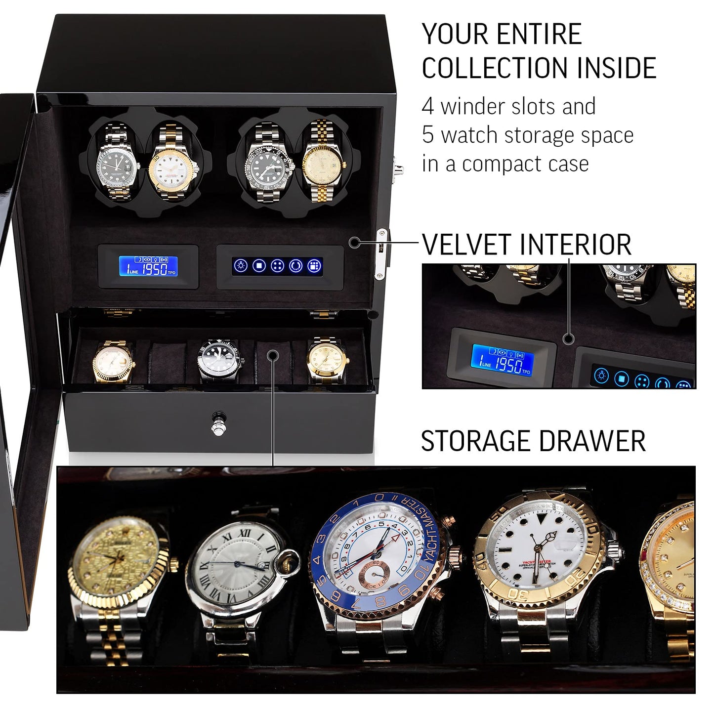 4 Watch Winder with 5 Watch Storage Space, LCD Display, Touch Control and Interior Light (Black + Black Velvet)