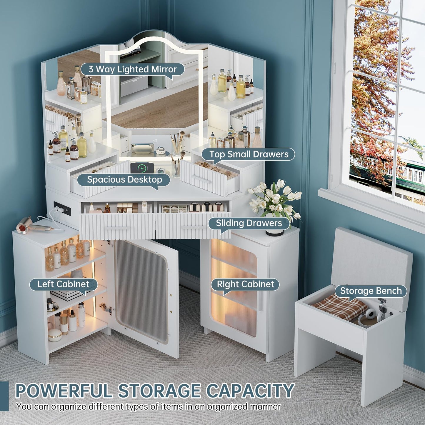 Corner Vanity with Mirror and Lights, Corner Makeup Vanity with 4 Drawers & 2 Cabinets, Vanity Set with Tri-Way Mirrors and Cushioned Stool, Big Vanities with Power Outlet Perfect for Bedroom, White