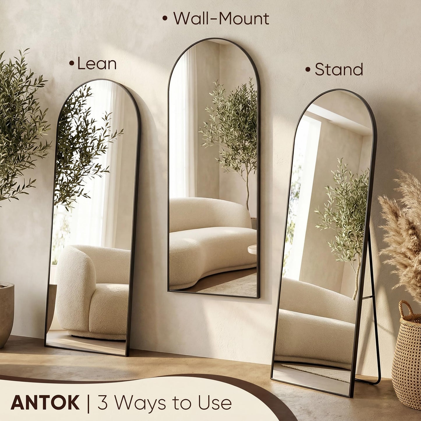 Antok 81" x41” Arched Full Length Floor Mirror, Black Aluminum Frame, Free Standing/Wall Mount/Leaning for Bedroom, Living Room, Dressing Room