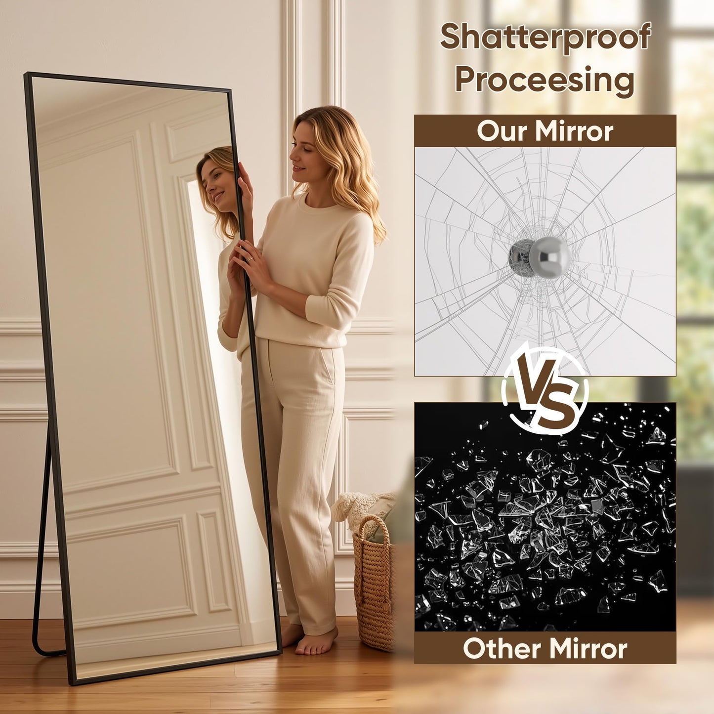 Antok 82''x44'' Full Length Mirror, Shatterproof HD Oversized Floor Mirror with Stand, Aluminum Alloy Frame Leaning Standing or Wall Mounted Mirror for Bedroom Living Room Entryway, Black