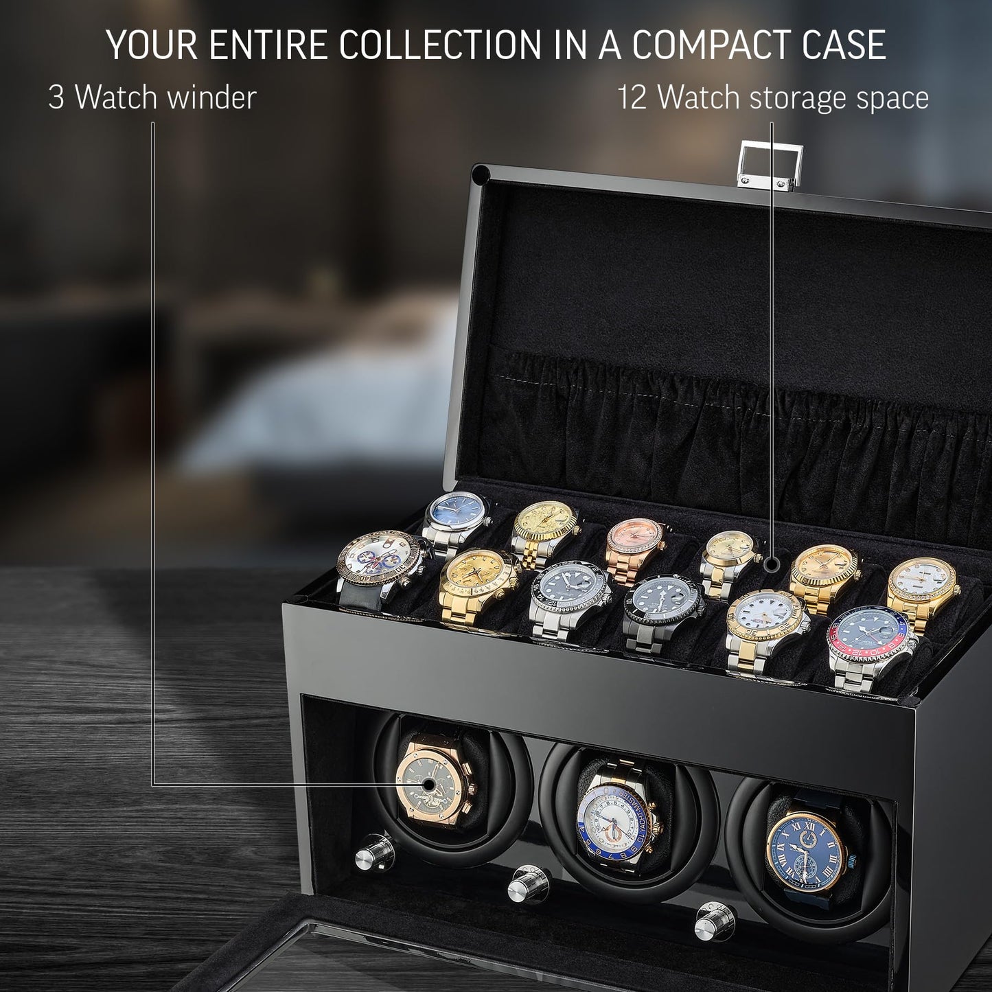 Watch Winder and Storage Box for Winding 3 Automatic Watches and 12 Watch Storage Space (Black+ Black)
