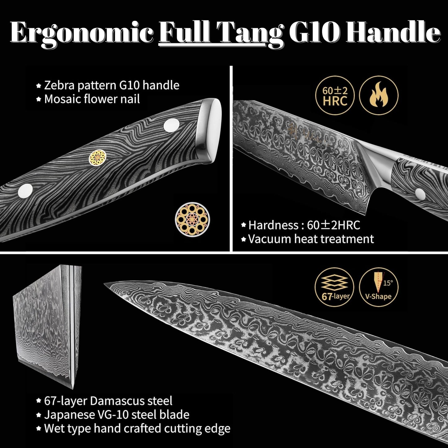 Wakoli Noir Blanc Damascus Knife Block Set – 5-Piece Professional Chef Knife Collection with Magnetic Block – Kitchen Knives made of 67-Layer Damascus Steel Blades & Ergonomic G10 Handles in Gift Box