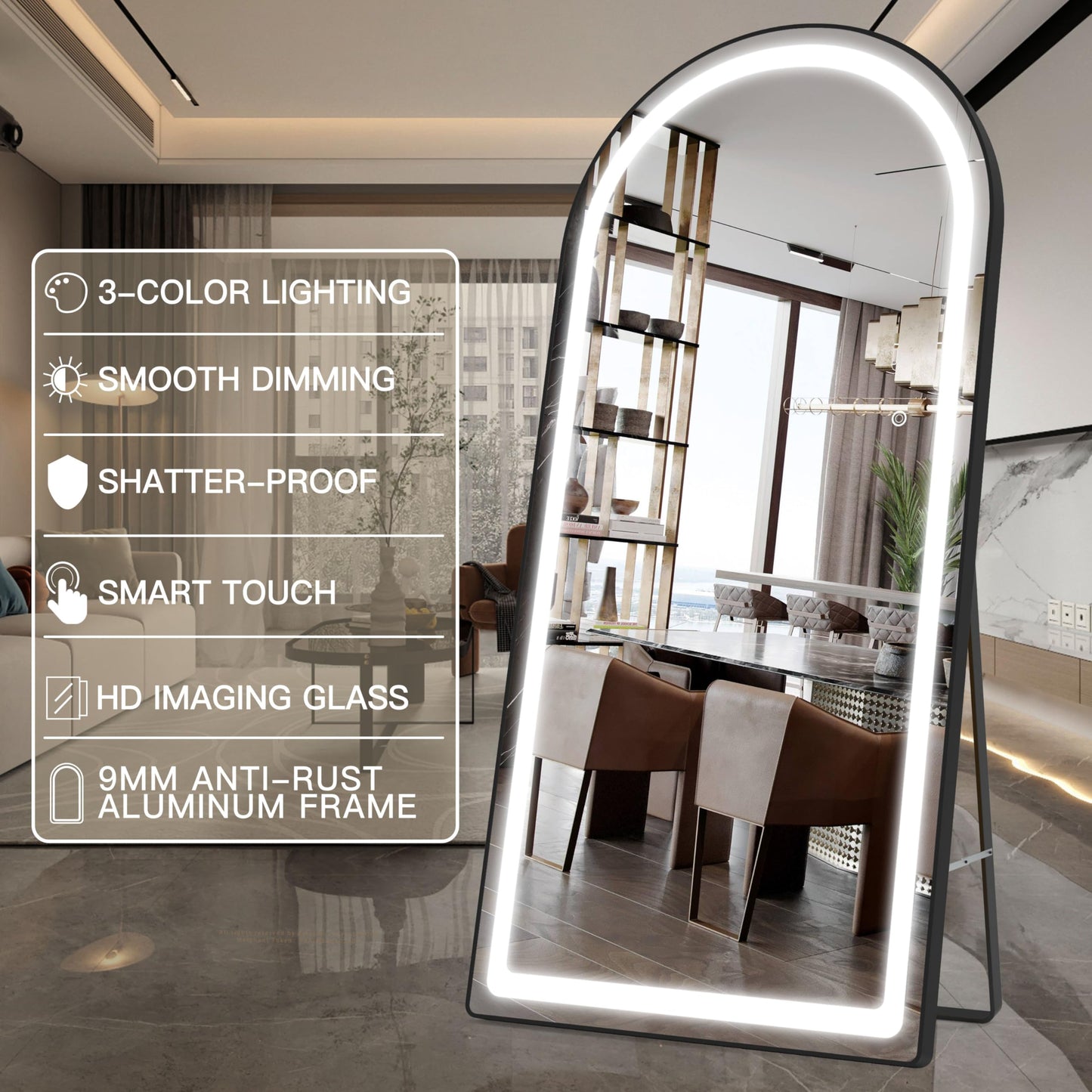 FENNIO Modern Arched Black 70" x 32" LED Full Body Wall Mounted Mirror with Lights for Bedroom, Salon, 3 Color Lighting, Tempered Glass, Brushed Aluminum Frame