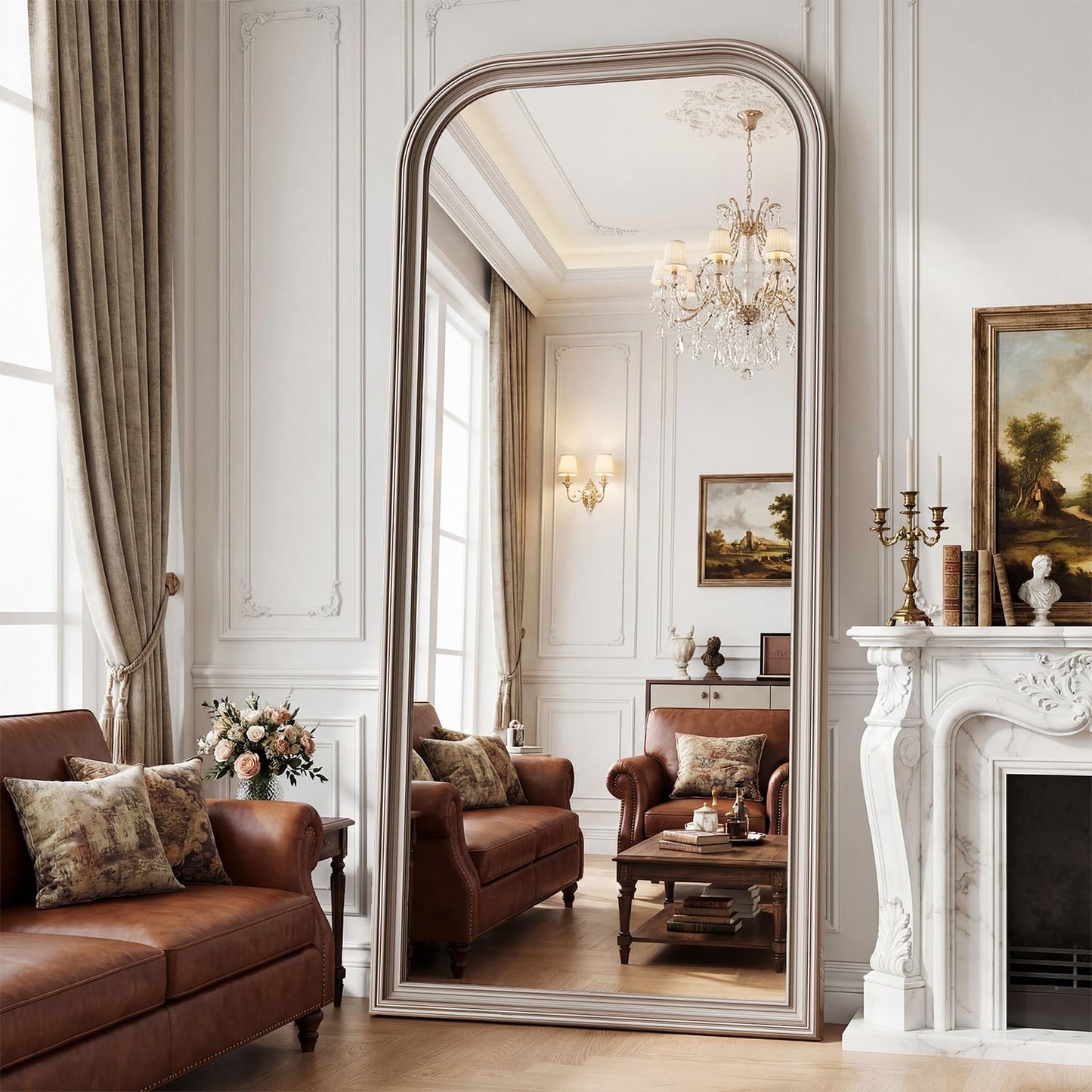 FlyEcho Full Length Mirror with Stand, 71"x32" Full Body Mirror, Floor Length Mirrors Wall Mounted with Rounded Top, Large Standing Mirrors, PU Frame, for Bedroom Living Room Cloakroom, Antique Sliver