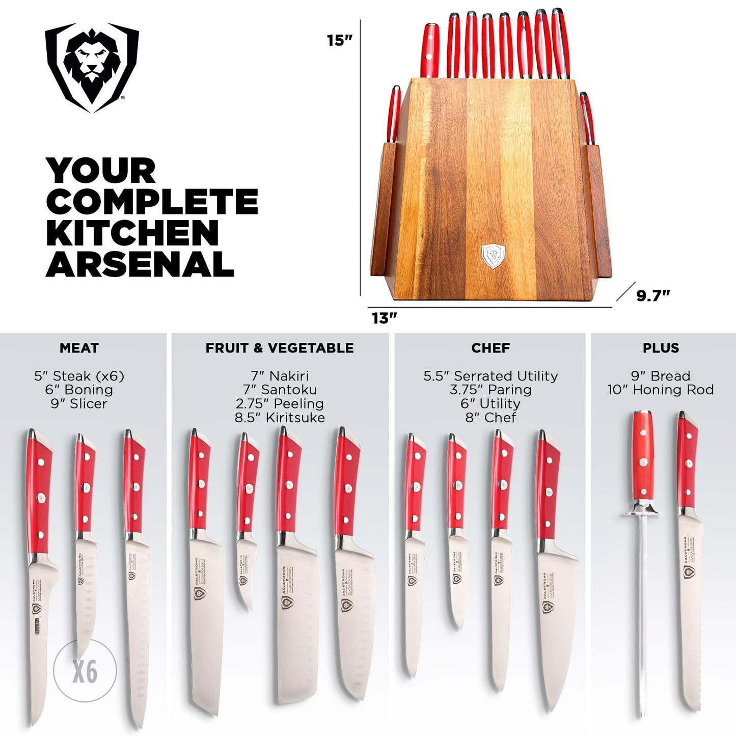 Dalstrong 18-Piece Gladiator Colossal Knife Block Set (Red Handles) — German High-Carbon Steel, Full-Tang, Hand-Sharpened — For Home Chefs, Wedding Registries & Serious Kitchens — Acacia Block, NSF