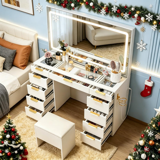Pamapic Glass Top Vanity Desk with Mirror and Lights, 11 Drawers Makeup Vanity with Charging Station and Chair, Golden Handles Dressing Table, 3 Lighting Modes Makeup Table, White