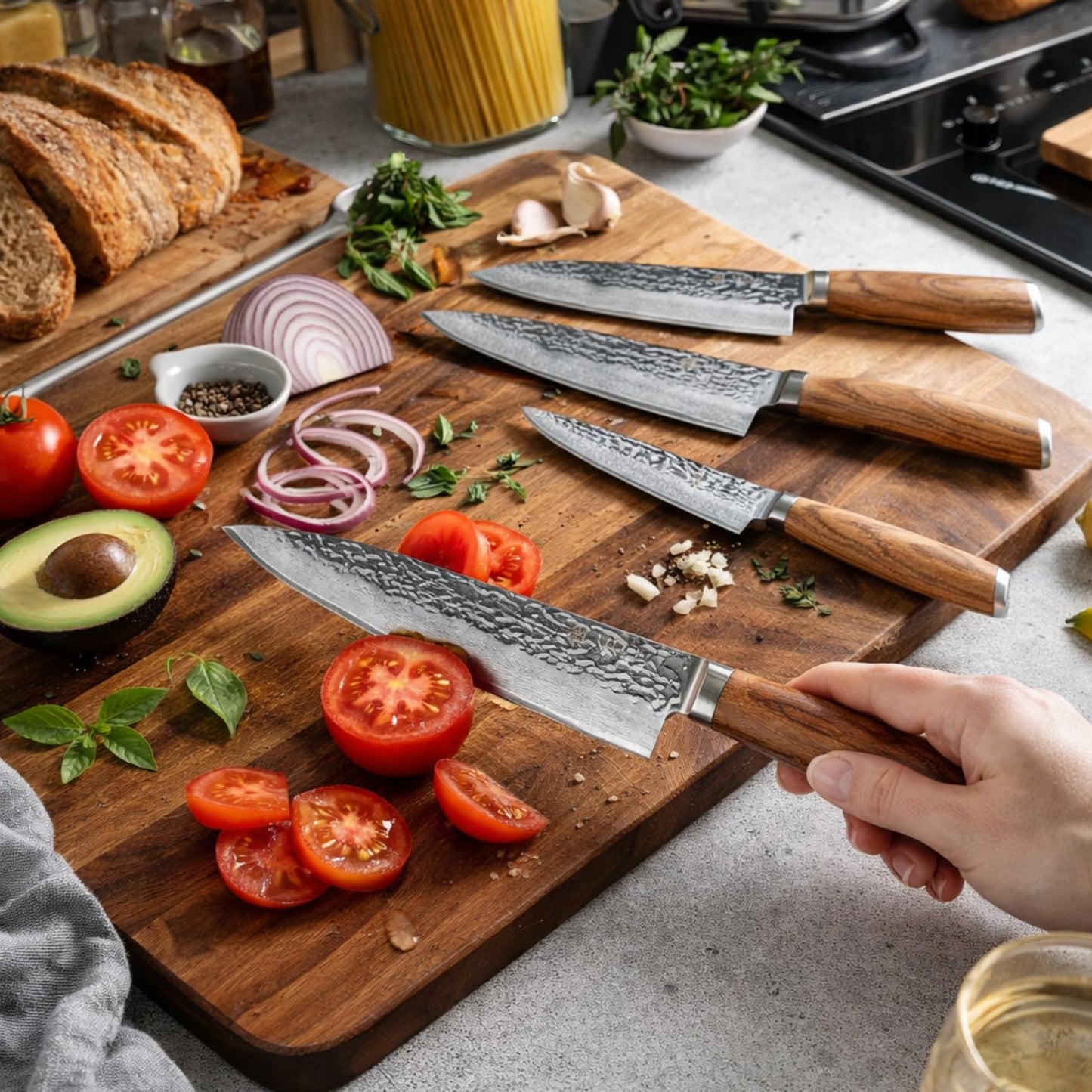 Wakoli Damascus Knife Block Set – 4-Piece Professional Kitchen Knives with Magnetic Block – Kitchen Knife Set made of 67-Layer Damascus Steel Blades & Ergonomic Zebrawood Handles