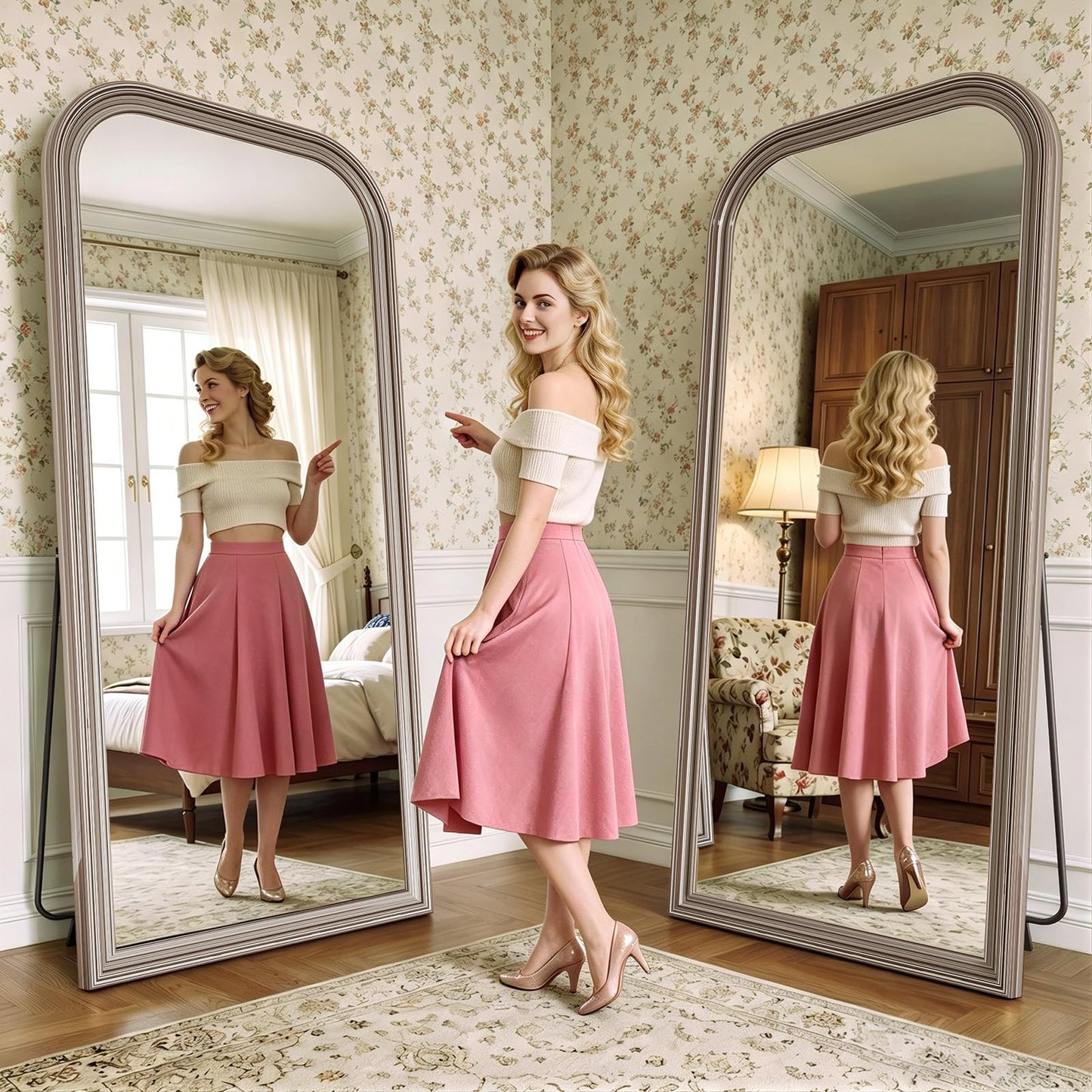 FlyEcho Full Length Mirror with Stand, 71"x32" Full Body Mirror, Floor Length Mirrors Wall Mounted with Rounded Top, Large Standing Mirrors, PU Frame, for Bedroom Living Room Cloakroom, Antique Sliver