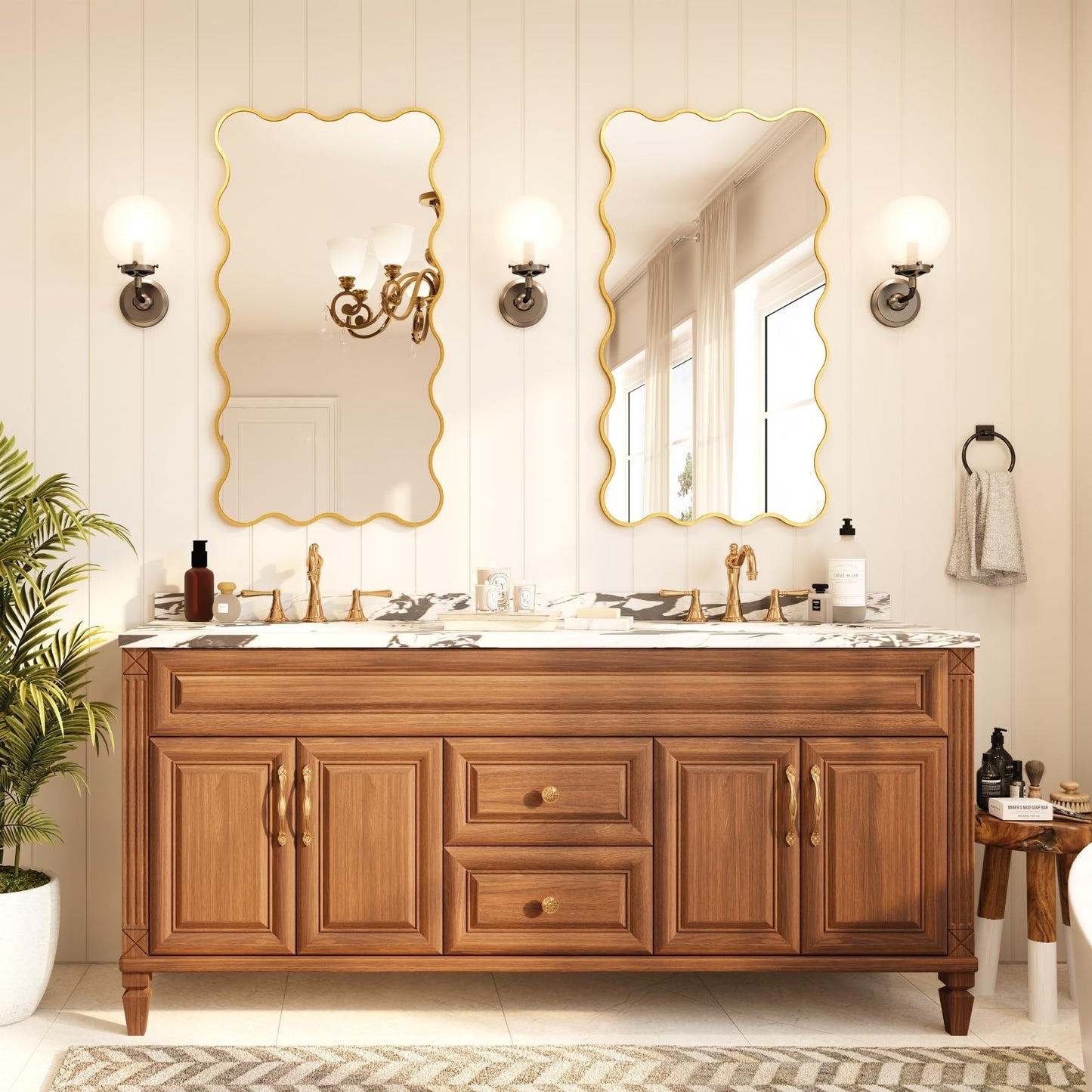 Kelly Miller 26x48 Inch Gold Scalloped Mirror, Large Rectangular Wavy Edge Bathroom Vanity Wall Mirror Decorative for Bedroom Living Room Entryway Fireplace Mantle