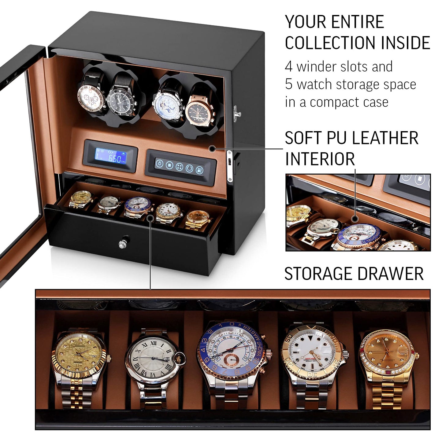 4 Watch Winder with 5 Watch Storage Space, LCD Display, Touch Control and Interior Light (Black + Brown)