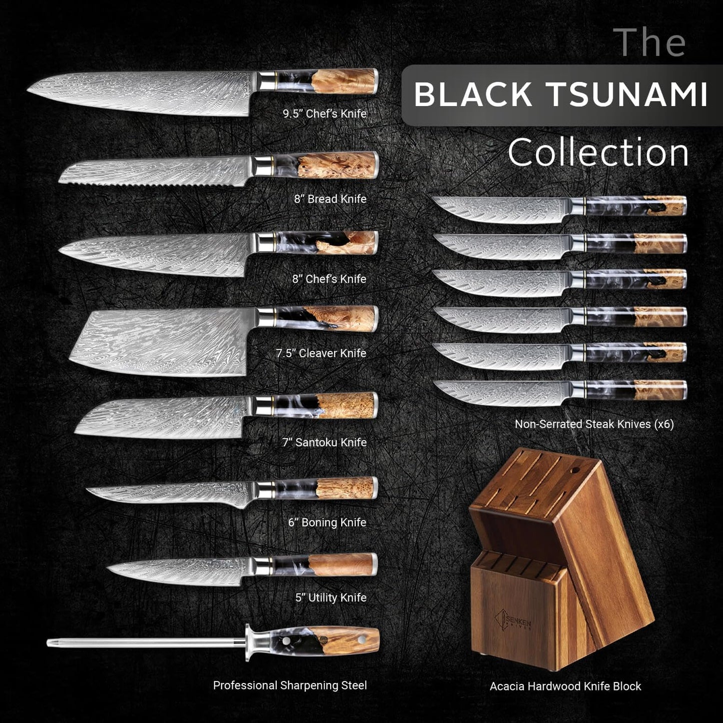 SENKEN 15-Piece Damascus Knife Block Set - Black Tsunami Collection - Japanese Chef Knife Set with 67-Layer Japanese VG10 Steel Blades (15-Piece Knife Block Set)