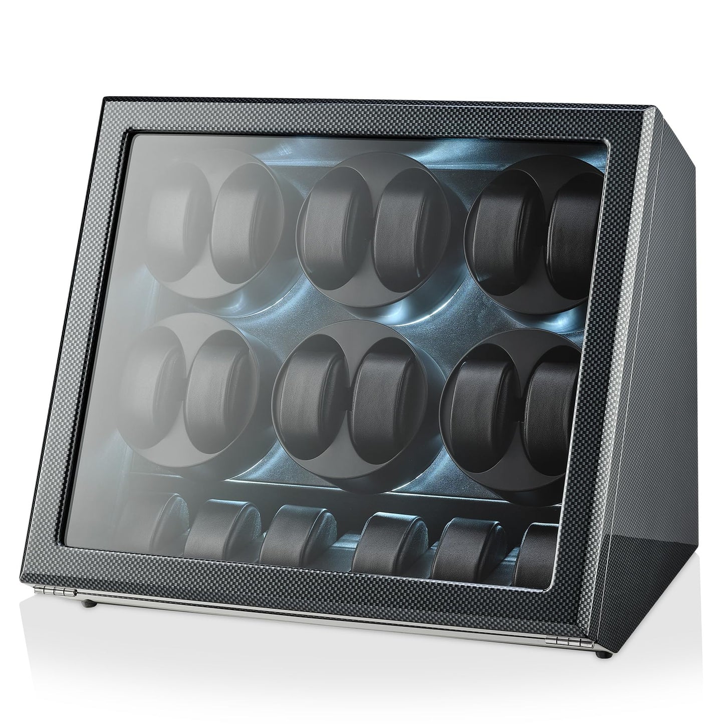 TIMECUBE 12 Watch Winder with 6 Storage Slots, LED Light and Automatic Motor-Stop (Carbon)