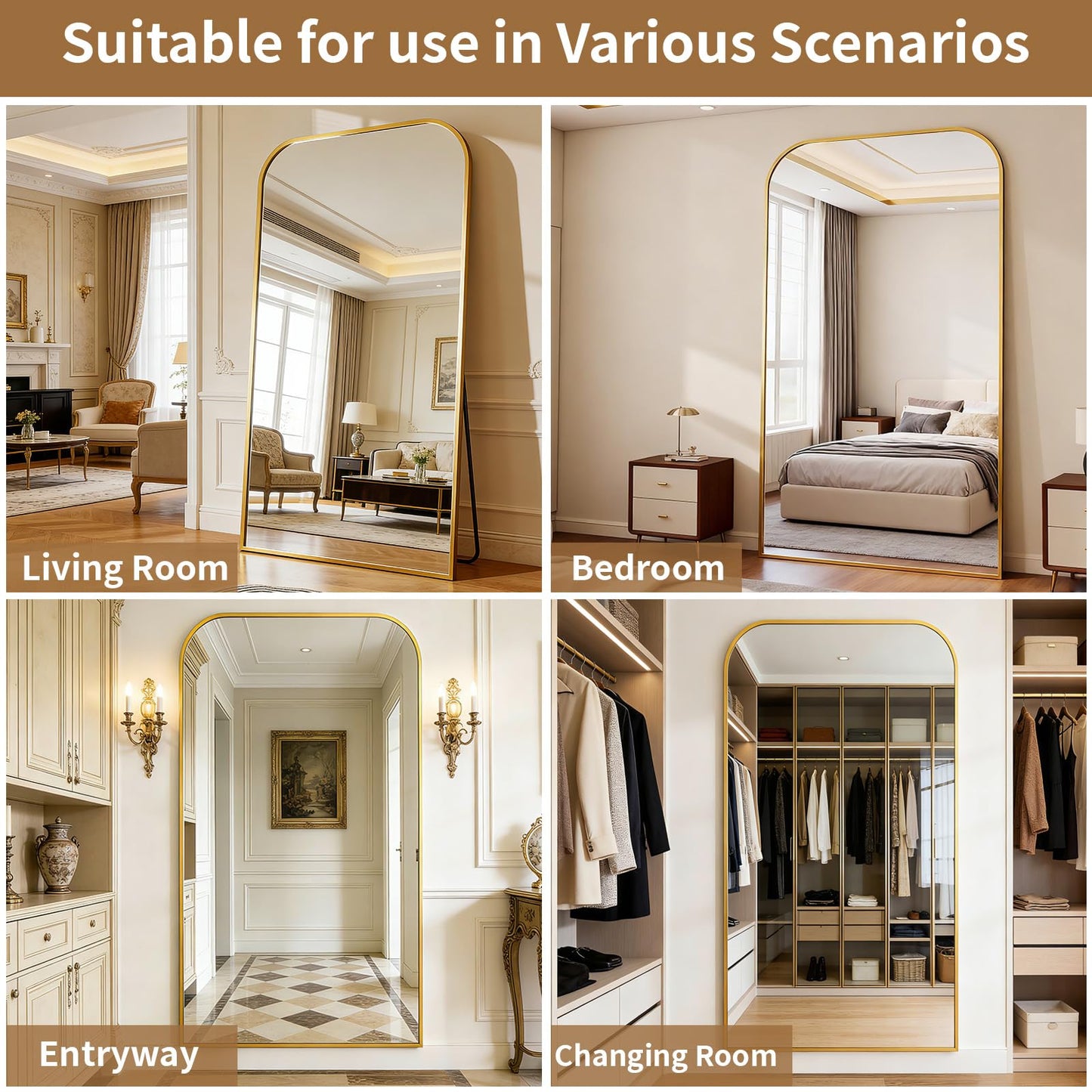 Riskioir Full Length Mirror 81"x41" Arched Floor Standing Large Mirrors Full Body Mirror with Stand - with Aluminum Frame for Bedroom Living Room, Gold