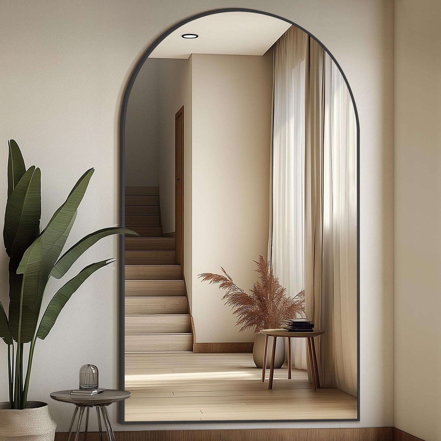 Arched Full Length Mirror, 76"X44" Oversized Black Floor Mirror Full Length, Tempered Glass Large Free Standing Mirror for Bedroom Living Room Clothing Store Gym, Aluminum Alloy Frame