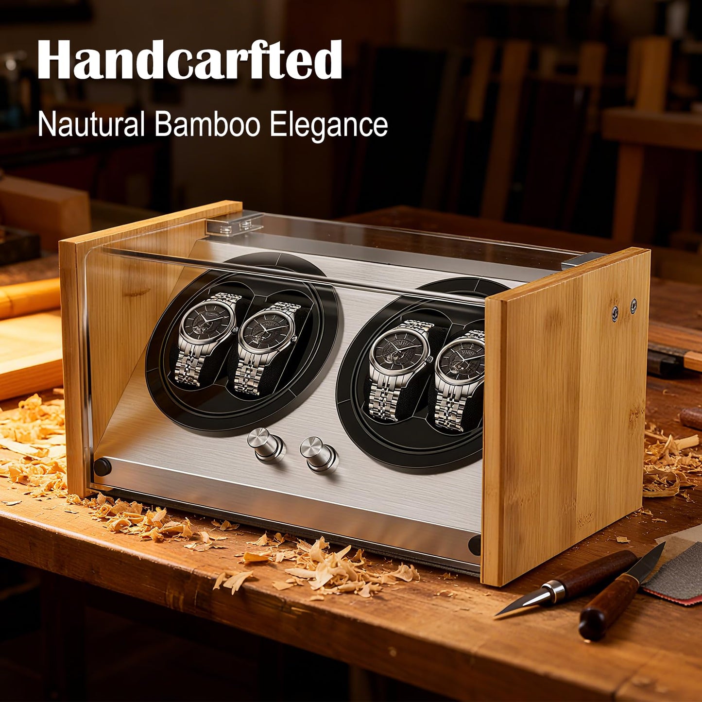 Watch Winder Smith Real Bamboo 4 Watch Winders for Automatic Watches, Precision Engineered Quiet 4 Modes Rotation and Dual Power Flexibility AC/DC