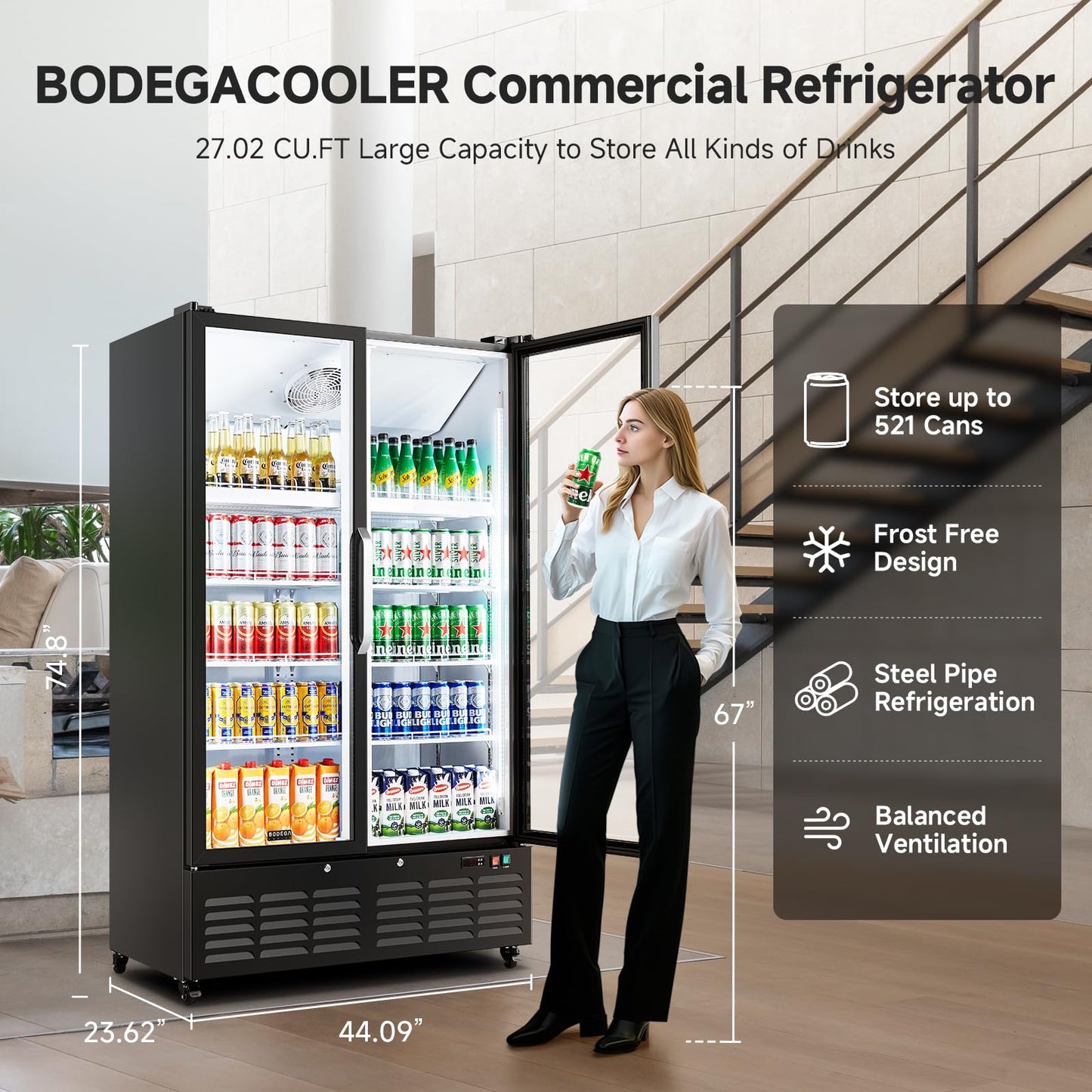 BODEGACOOLER Commercial Merchandiser Refrigerator, 27.02 Cu.Ft Double Glass Door Beverage Cooler, Upright Display Refrigerator with Soft LED Light, Adjustable Shelves, 4 Heavy-Duty Casters, Black