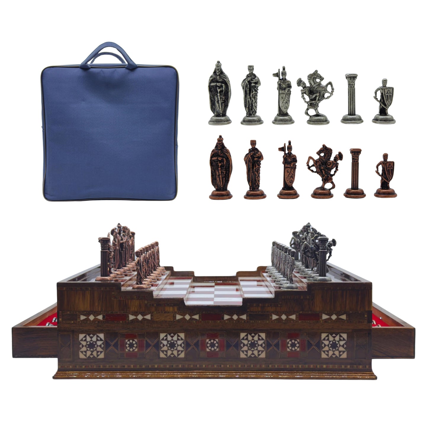 Luxury Handmade Wooden Chess Set with Metal Pieces – Large Walnut & Rosewood Chess Board with Storage Drawers – British Style Chess Pieces for Father’s Day, Birthday, or Christmas