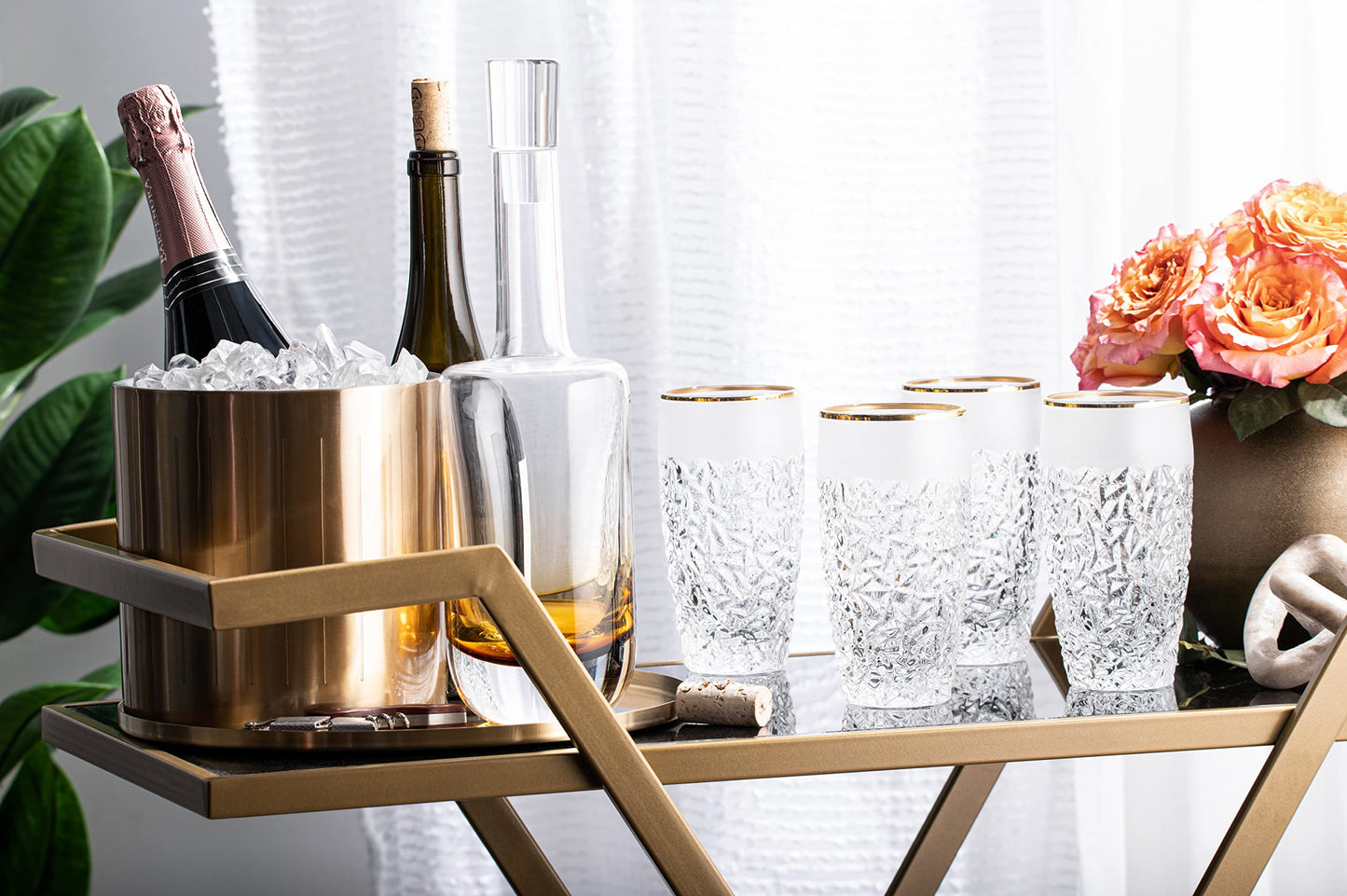 Barski - European Quality Glass - Crystal - Set of 6 - Highball - Hiball Tumblers - 16 oz. - Raindrop Design with Frosted Border and Gold Rim on Tumbler - Glasses are Made in Europe