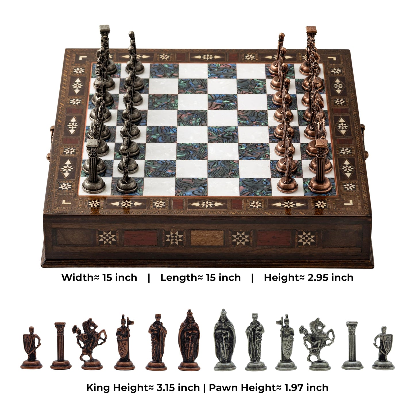 15’’ Unique Handmade Chess Set – Handmade Wooden Storage Board with Metal Chess Pieces – Luxury Gift for Men and Collectors – Gift for Dad (Purple)