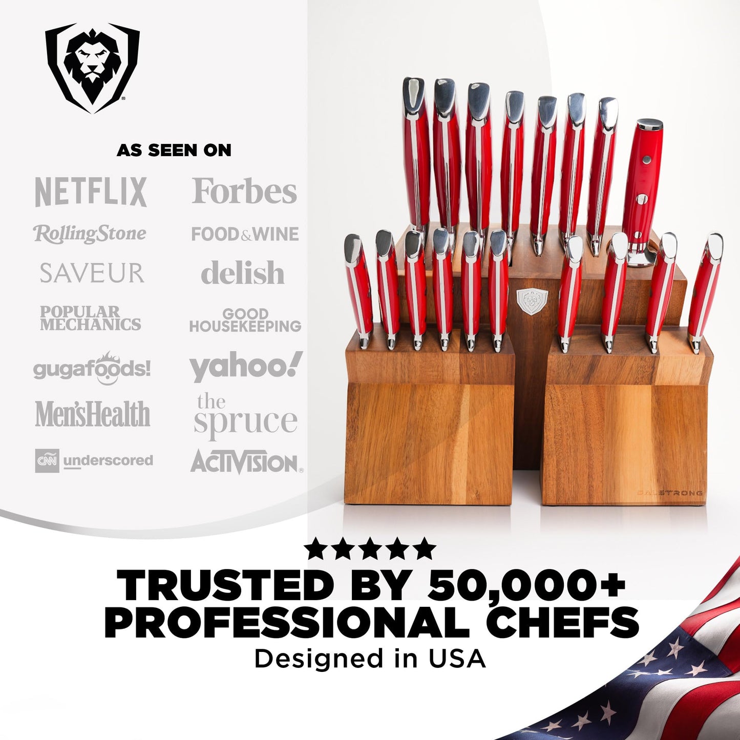 Dalstrong 18-Piece Gladiator Colossal Knife Block Set (Red Handles) — German High-Carbon Steel, Full-Tang, Hand-Sharpened — For Home Chefs, Wedding Registries & Serious Kitchens — Acacia Block, NSF
