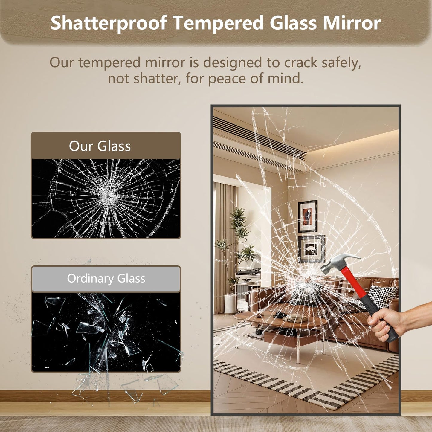 Mirrorons 76"x44" Oversized Black Full Length Mirror, Floor Standing or Wall Mounted with Hanging Kit, Shatterproof Tempered Glass Mirror for Living Room, Bedroom, Dressing Room, Gym