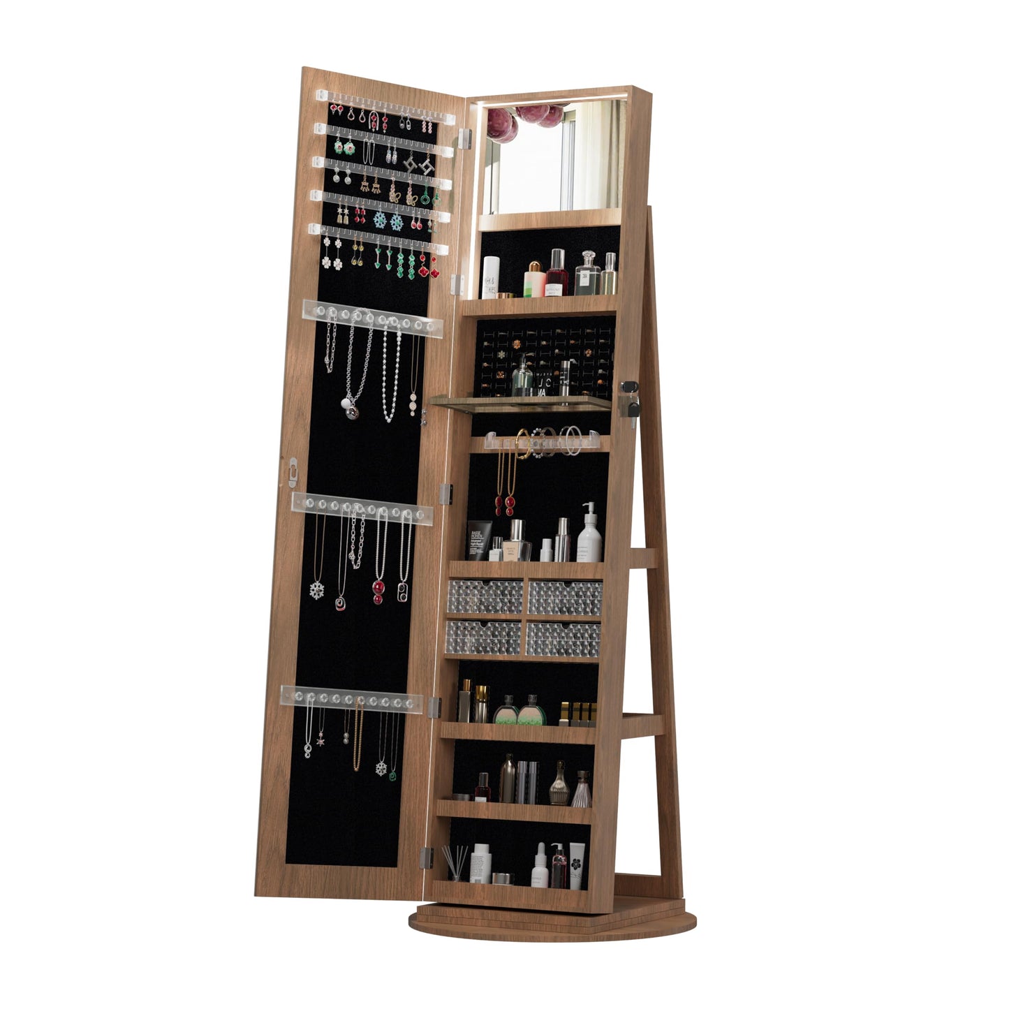 KEIKI 360°Swivel Jewelry Armoire with Full Length Mirror, 62.3" Rotating Standing Jewelry Armoire Organizer, Lockable Storage Cabinet, Interior Lighted Mirror, Walnut