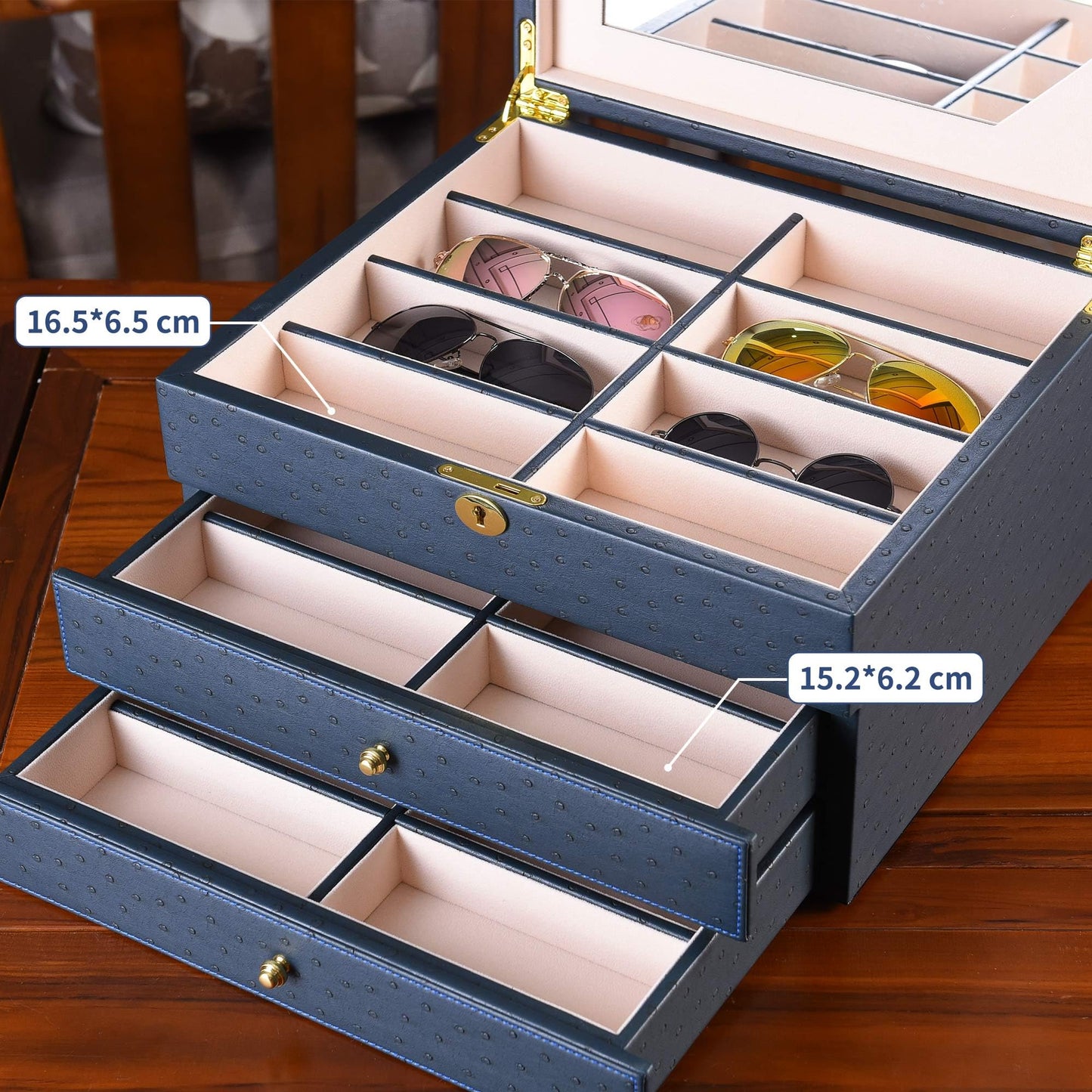 SYENS Luxury Sunglasses Organizer, 24 Slot Glasses Storage Box for Women Men, PU Leather Box for Eyeglass Display Case (Blue Ostrich skin PU)