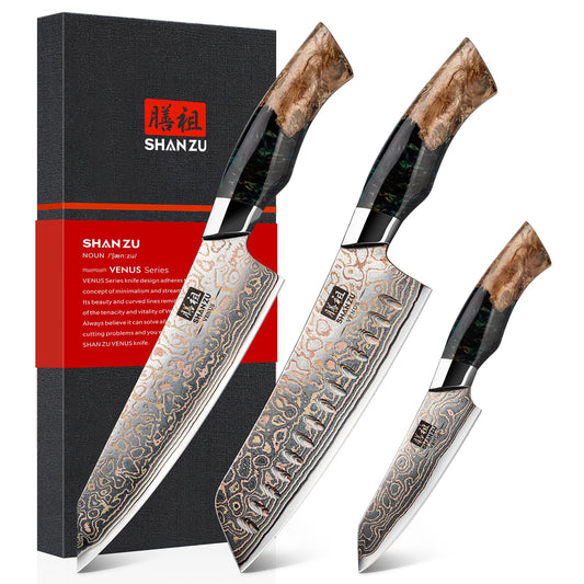 SHAN ZU Damascus Knife Set, Copper & Damascus Steel Japanese Kitchen Knives, High Carbon 33 Layer Hand Forged Utility Knife Professional Sharp Kitchen Knife with Maple Wood Handle