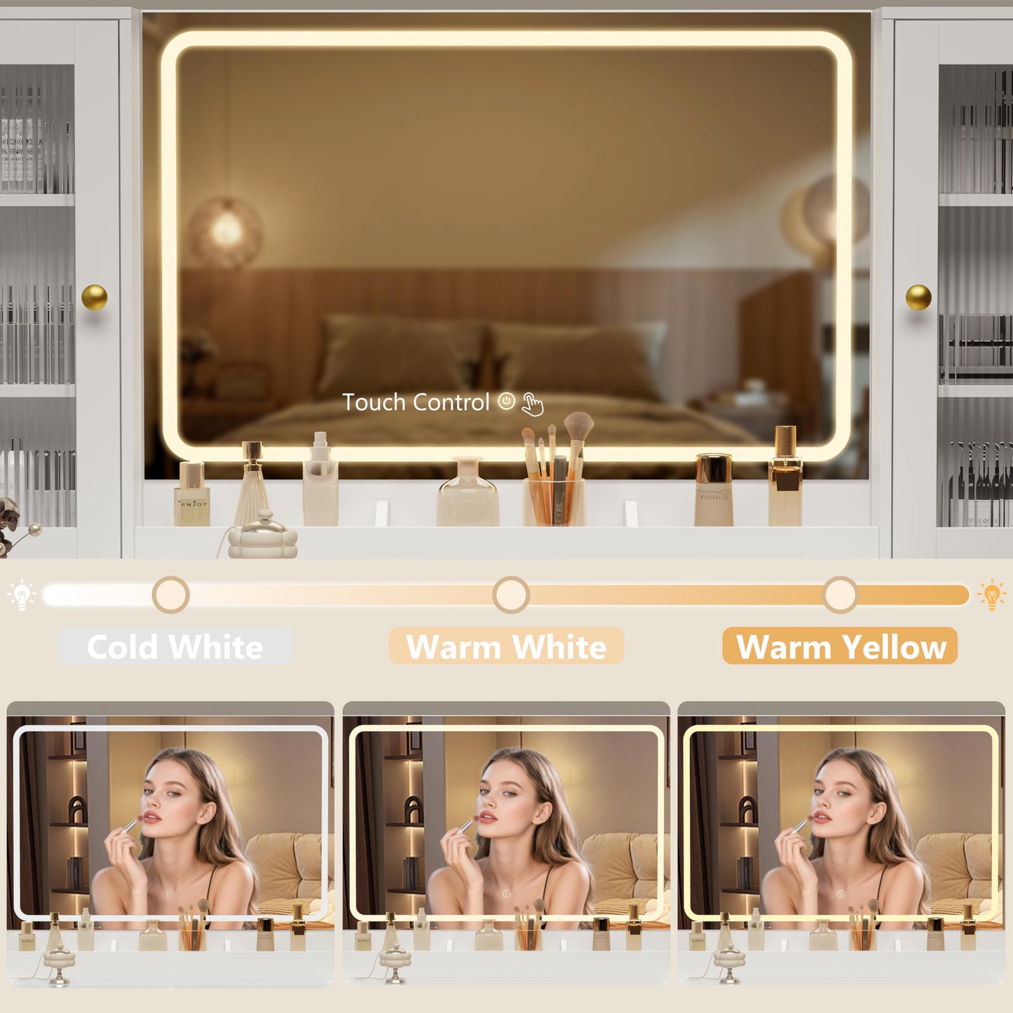 Fluted Makeup Vanity Desk with Mirror and Lights, 55" Glass Top Vanity with 8 Drawers & 4 RGB Glass Cabinets, Adjustable Shelves & Power Outlet, Modern Dressing Table Set for Women Girls Bedroom