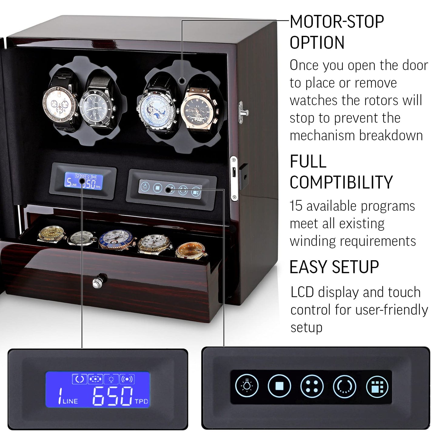 4 Watch Winder with 5 Watch Storage Space, LCD Display, Touch Control and Interior Light (Ebony + Black Velvet)