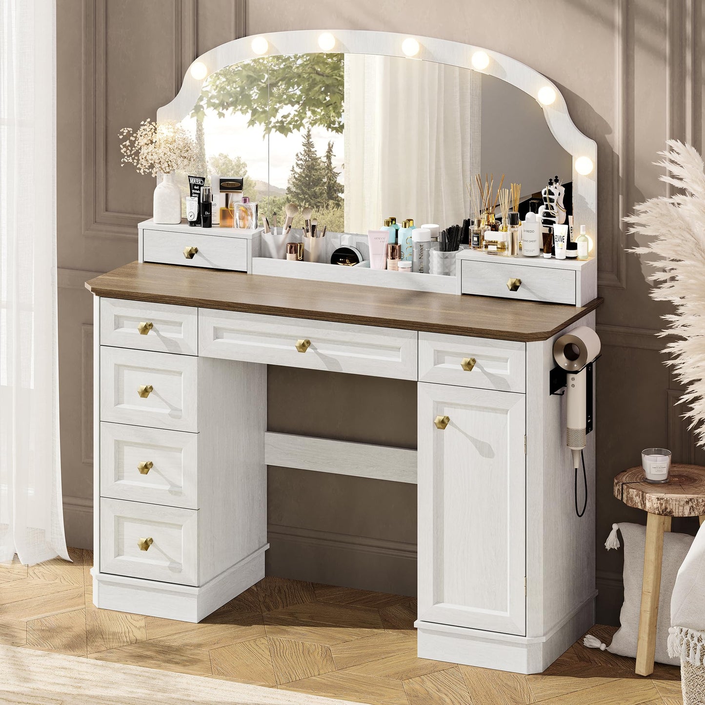 AMBERHAUS Farmhouse Makeup Vanity Desk with Mirror and Lights, 47'' Vanity Table with 8 Storage Drawers 1 Cabinet & 2 Organizer Trays, Large Dressing Table with Charging for Bedroom Rustic White