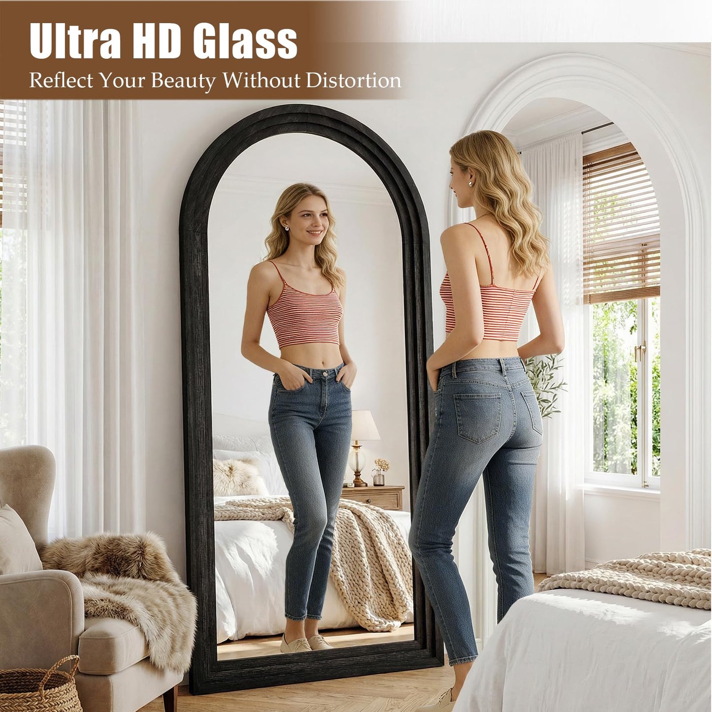WISSMIELS 30"x71" Full Length Mirror Solid Wood Frame, Arched Floor Mirror Full Length with Stand, Room Decor Big Full Body Mirror with HD Tempered Glass for Bedroom, Living Room, Black