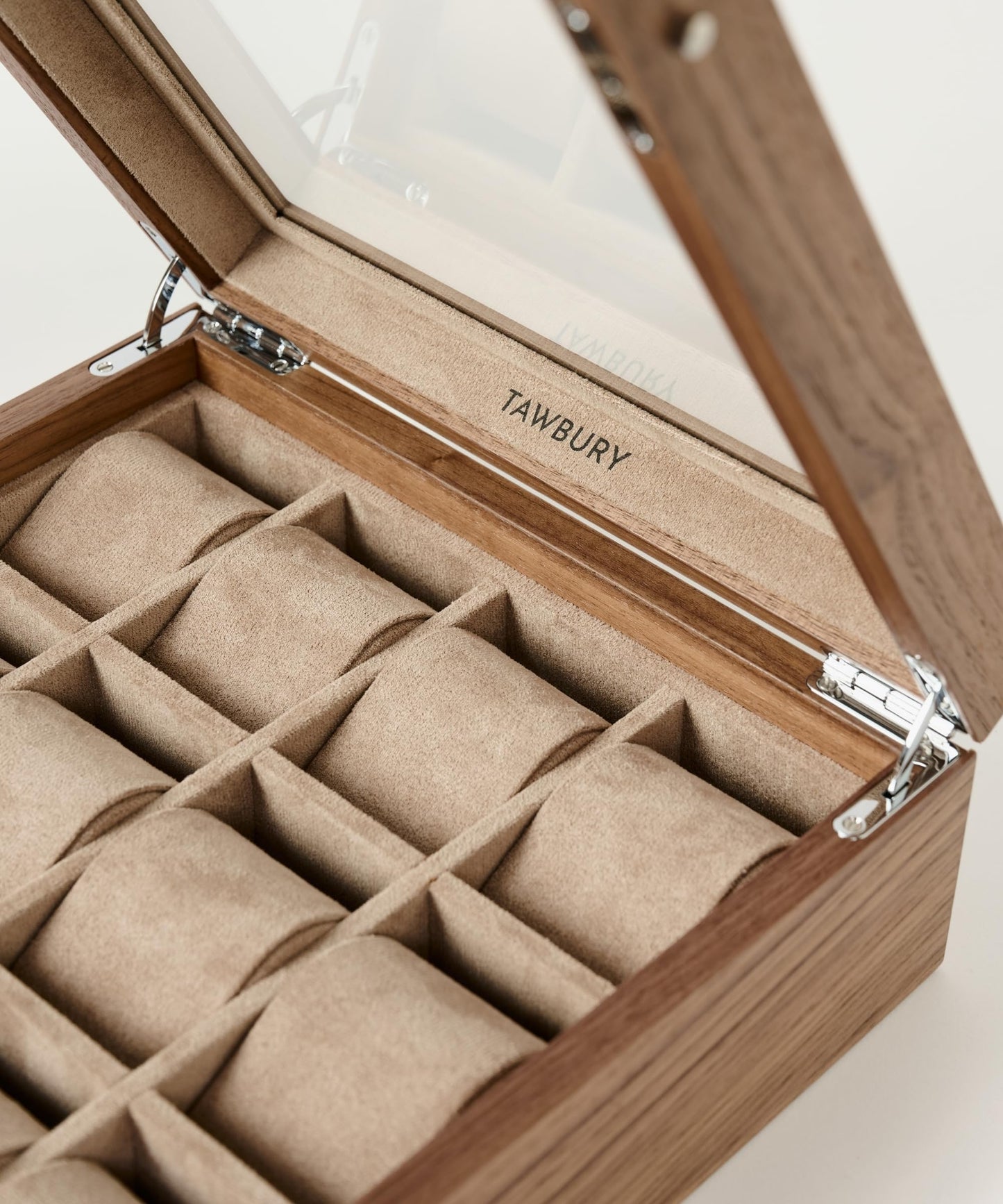 TAWBURY Wooden Watch Case - 12 Slot Wood Watch Box for Men & Women with Glass Display, Protective Fully Lined Interior and 2-inch Wide Pillows for Small & Large Watches (Classic Walnut)
