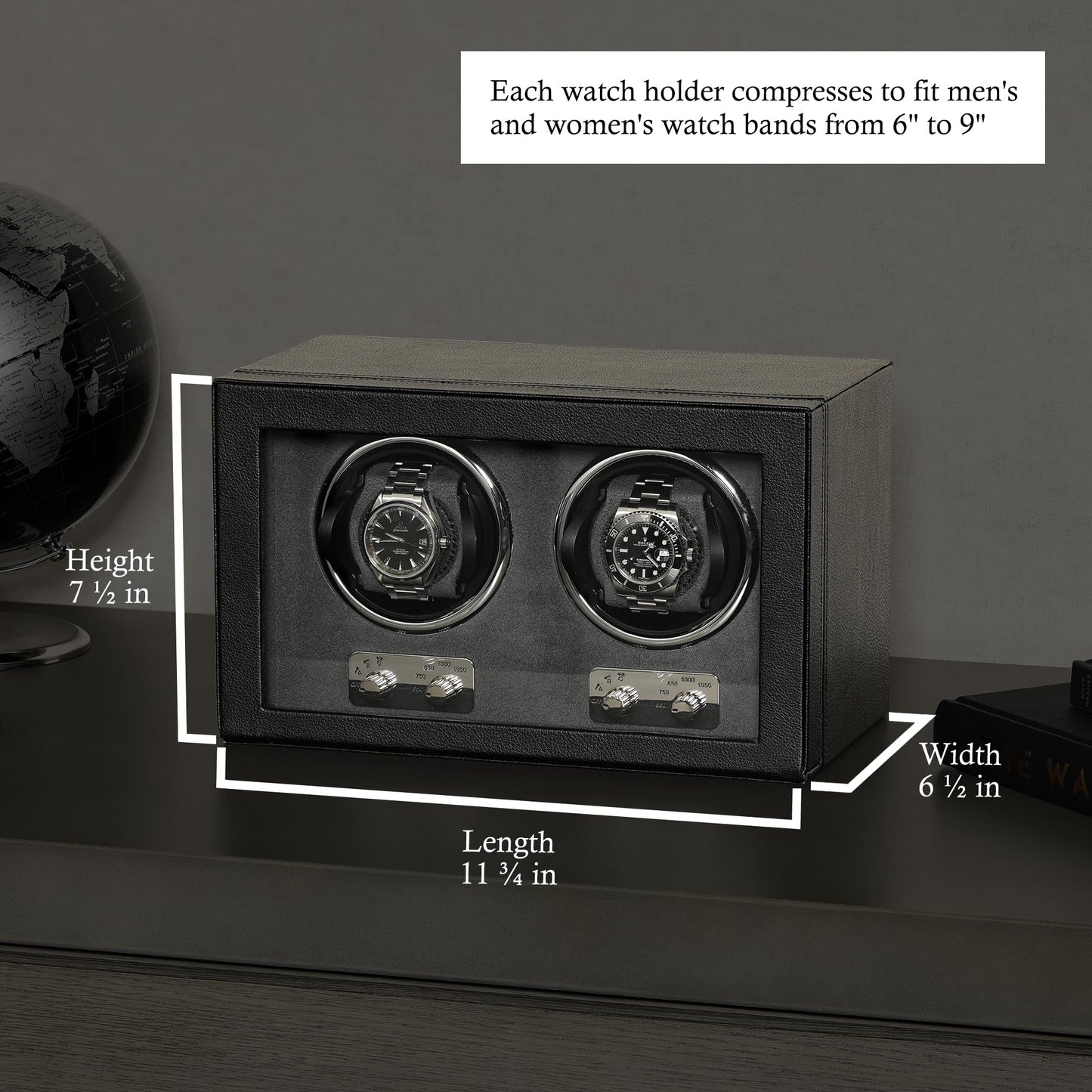 ROTHWELL Double Watch Winder for Automatic Watches with Quiet Motor with Multiple Speeds and Rotation Settings (Black/Grey)