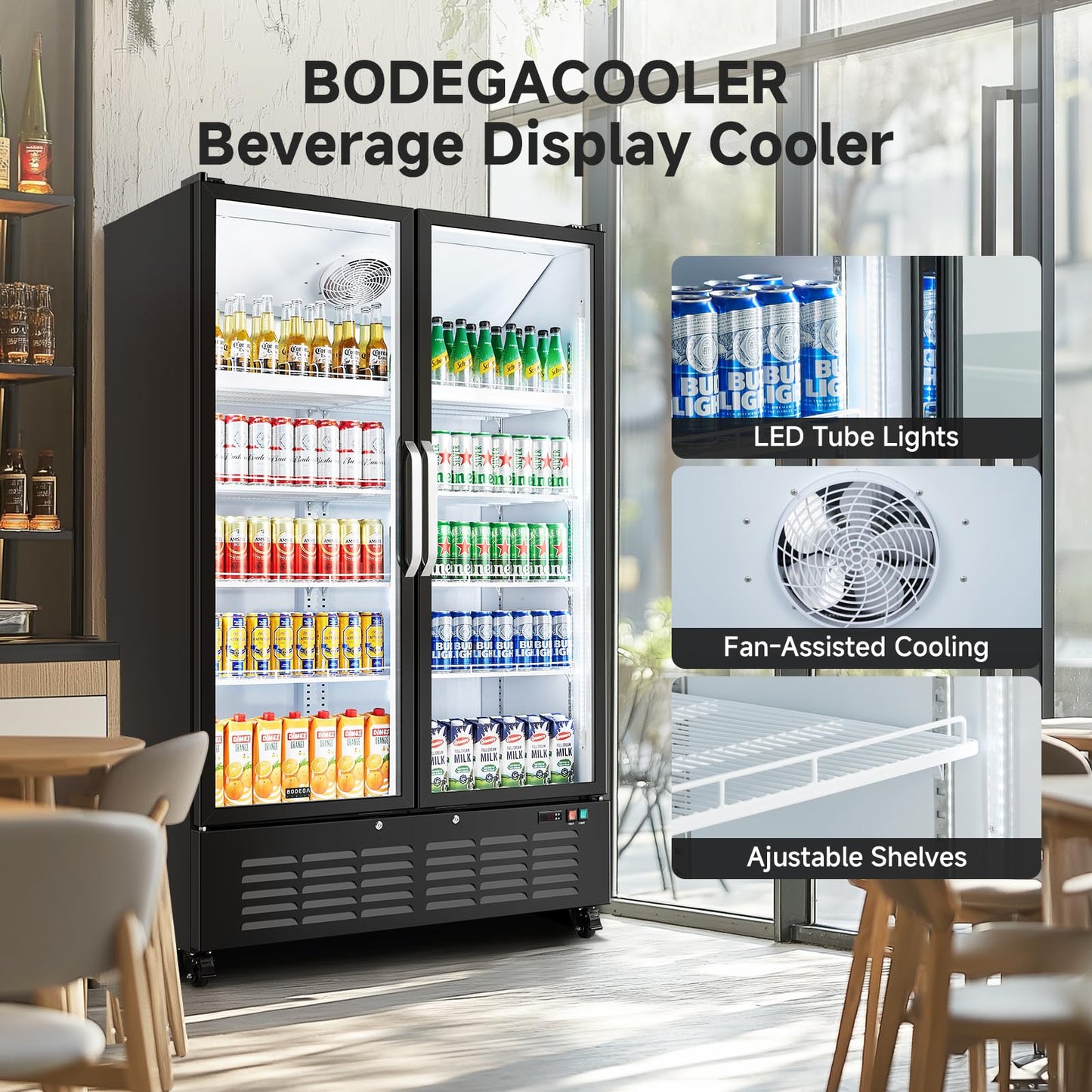 BODEGACOOLER Commercial Merchandiser Refrigerator, 36.8 Cu.Ft Double Glass Door Beverage Cooler, Upright Display Refrigerator with Soft LED Light, Adjustable Shelves, 4 Heavy-Duty Casters, Black