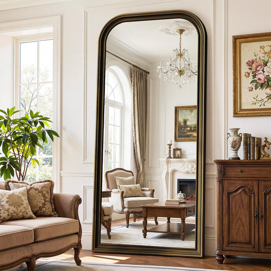FlyEcho Full Length Mirror with Stand, 71"x32" Full Body Mirror, Floor Length Mirrors Wall Mounted with Rounded Top, Large Standing Mirrors, PU Frame, for Bedroom Living Room Cloakroom, Antique Bronze